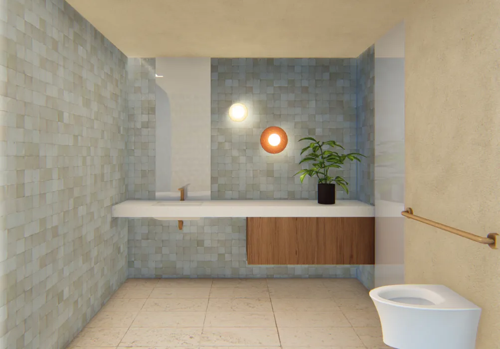 Interior rendering of a bathroom for 420 Mendocino in Santa Rose, California.