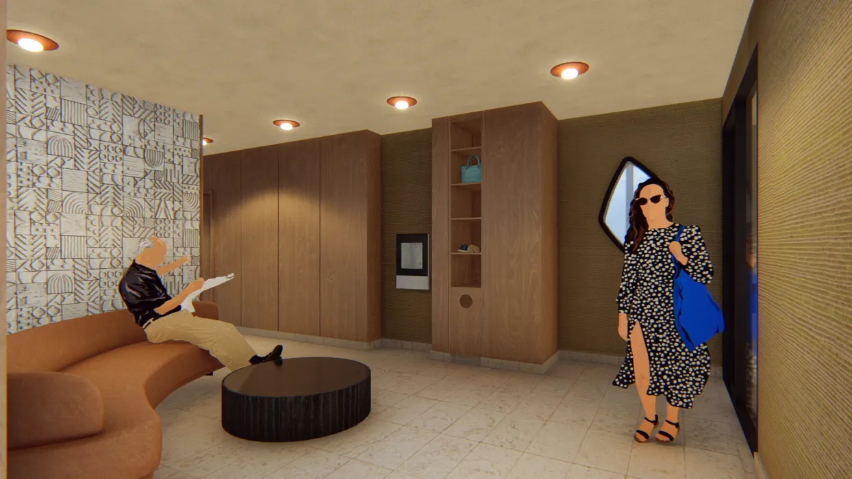 Interior rendering the wellness lobby for 420 Mendocino in Santa Rose, California.