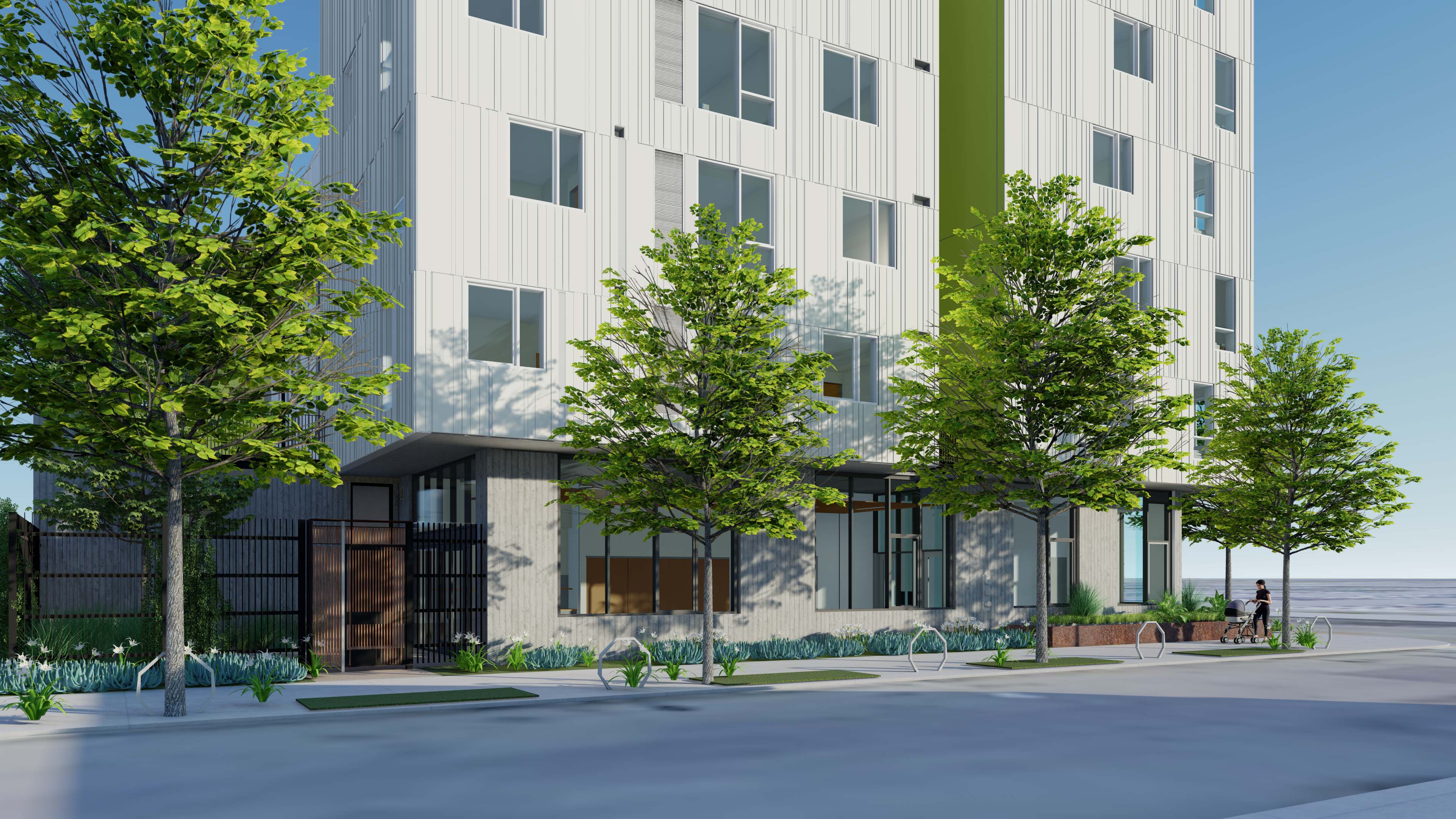 Rendered street elevation of Coliseum Place, affordable housing in Oakland, Ca