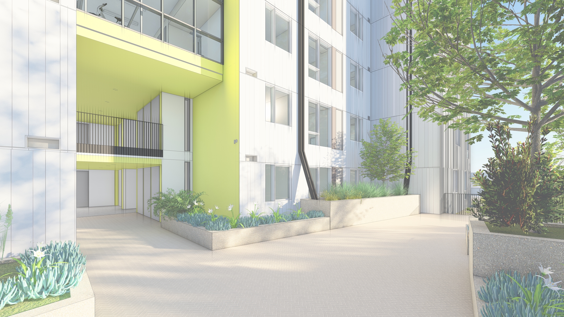 Rendered courtyard in Coliseum Place, affordable housing in Oakland, Ca.