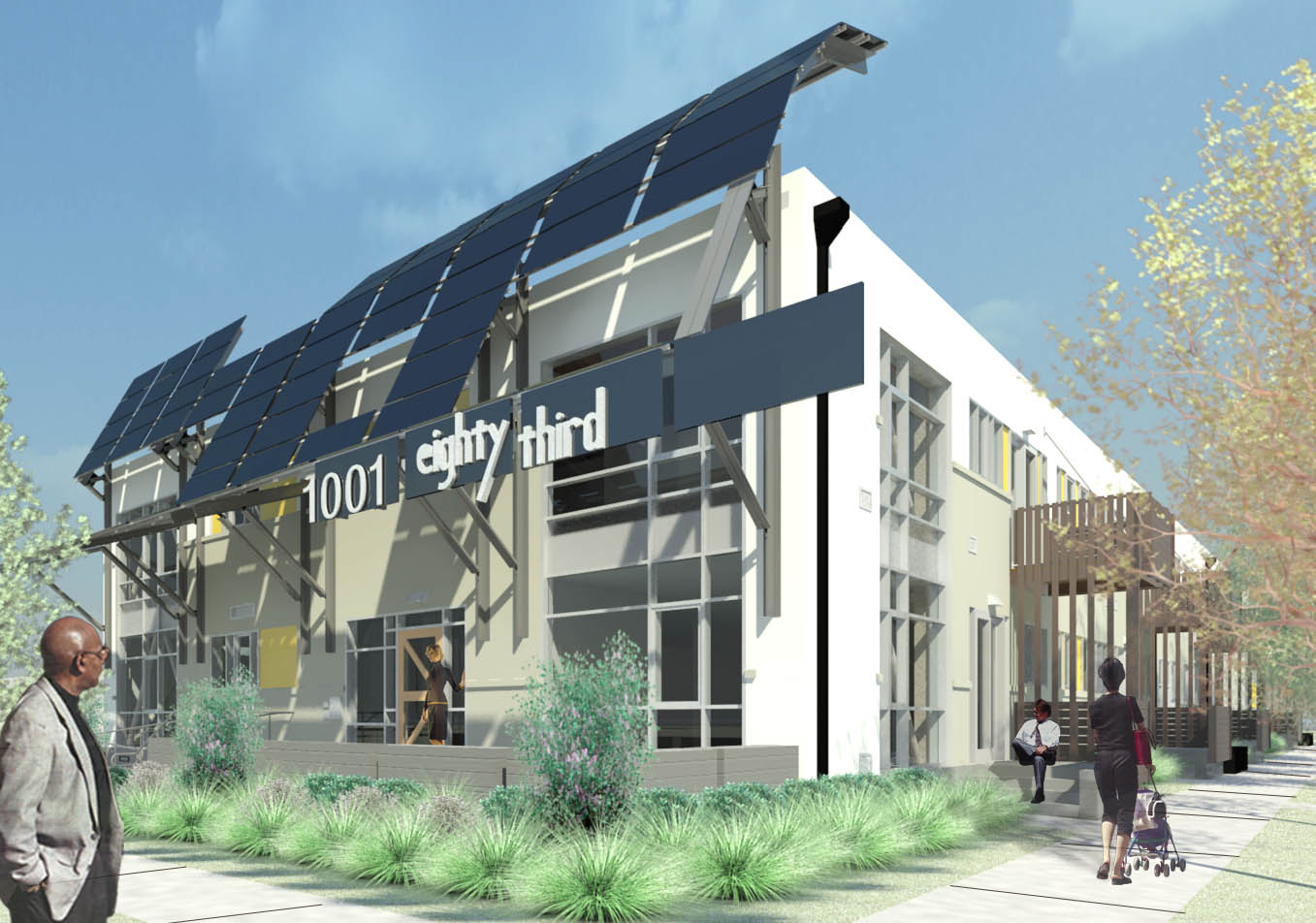 Rendering of the renovated pasta factory housing for Tassafaronga Village in East Oakland, CA. 