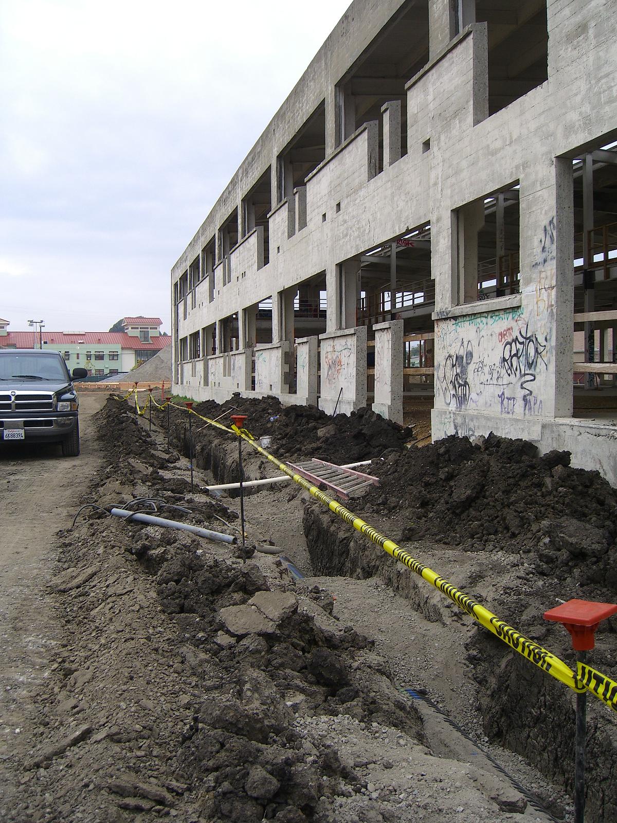 Construction of the degraded pasta factory building during construction at Tassafaronga Village in East Oakland, CA.. 