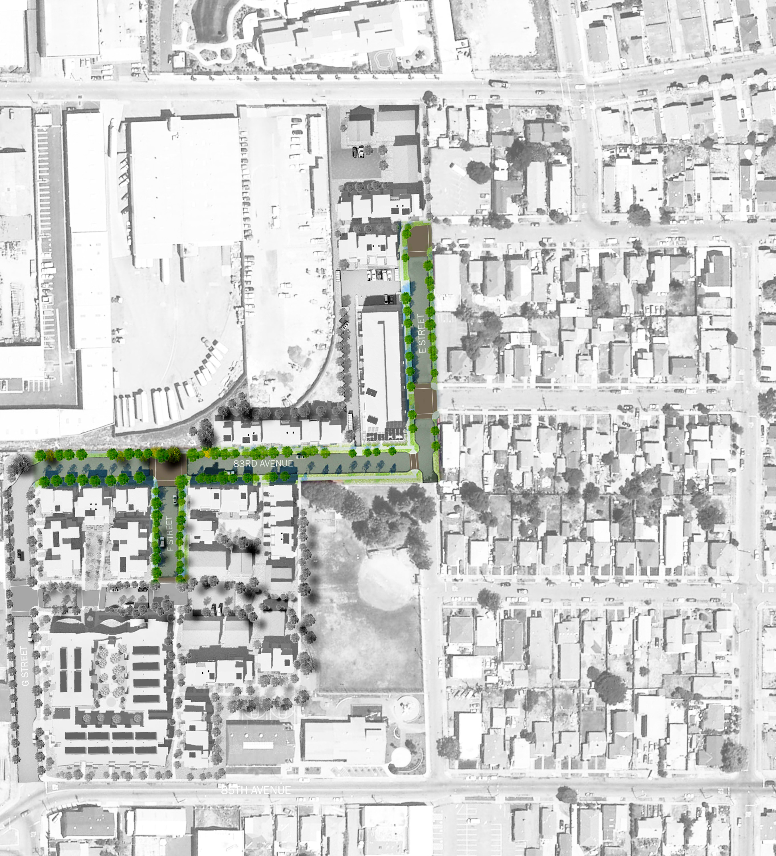 Site plan highlighting private streets at  Tassafaronga Village in East Oakland, CA. 