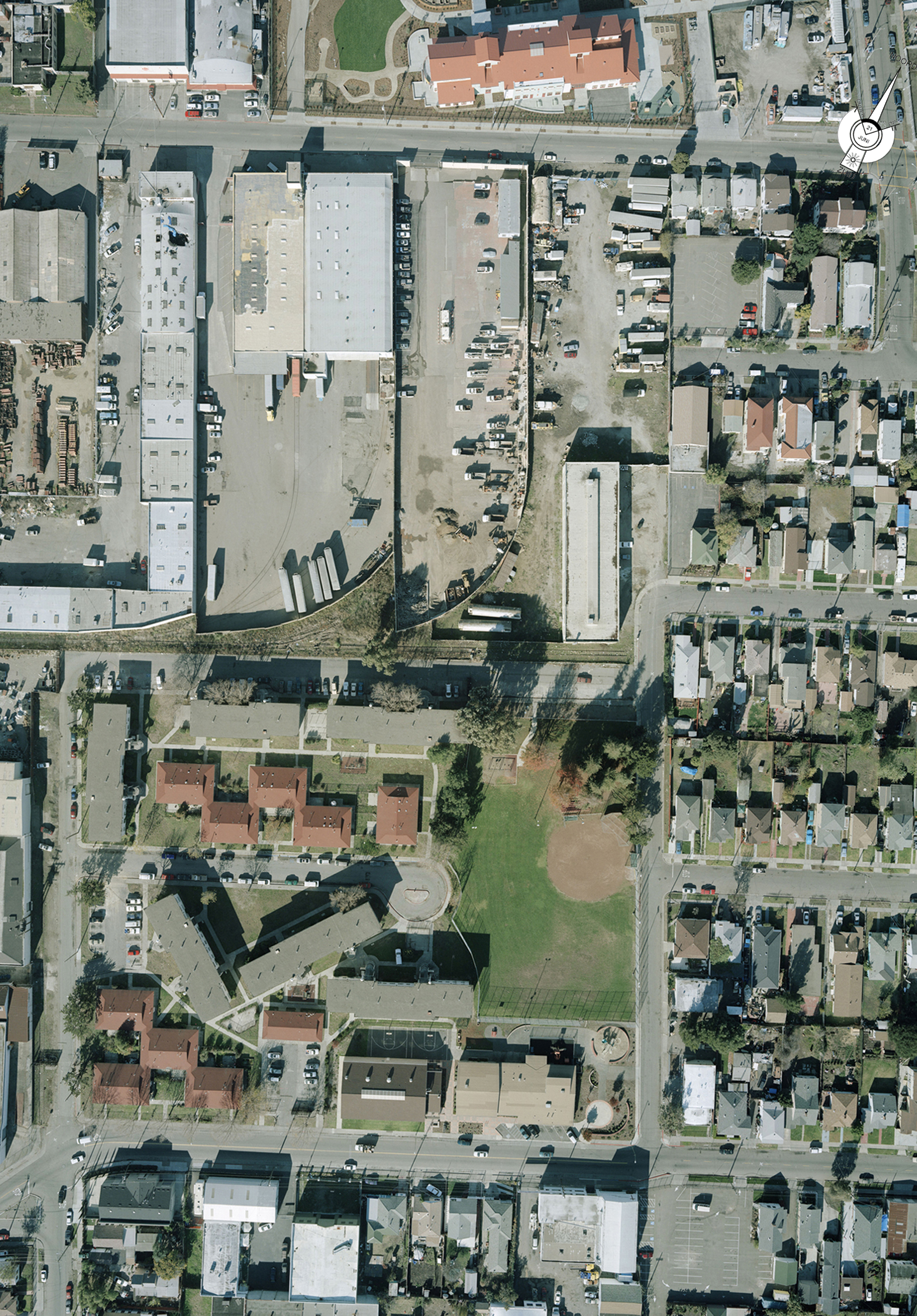 Aerial of the original site of Tassafaronga Village in East Oakland, CA. 