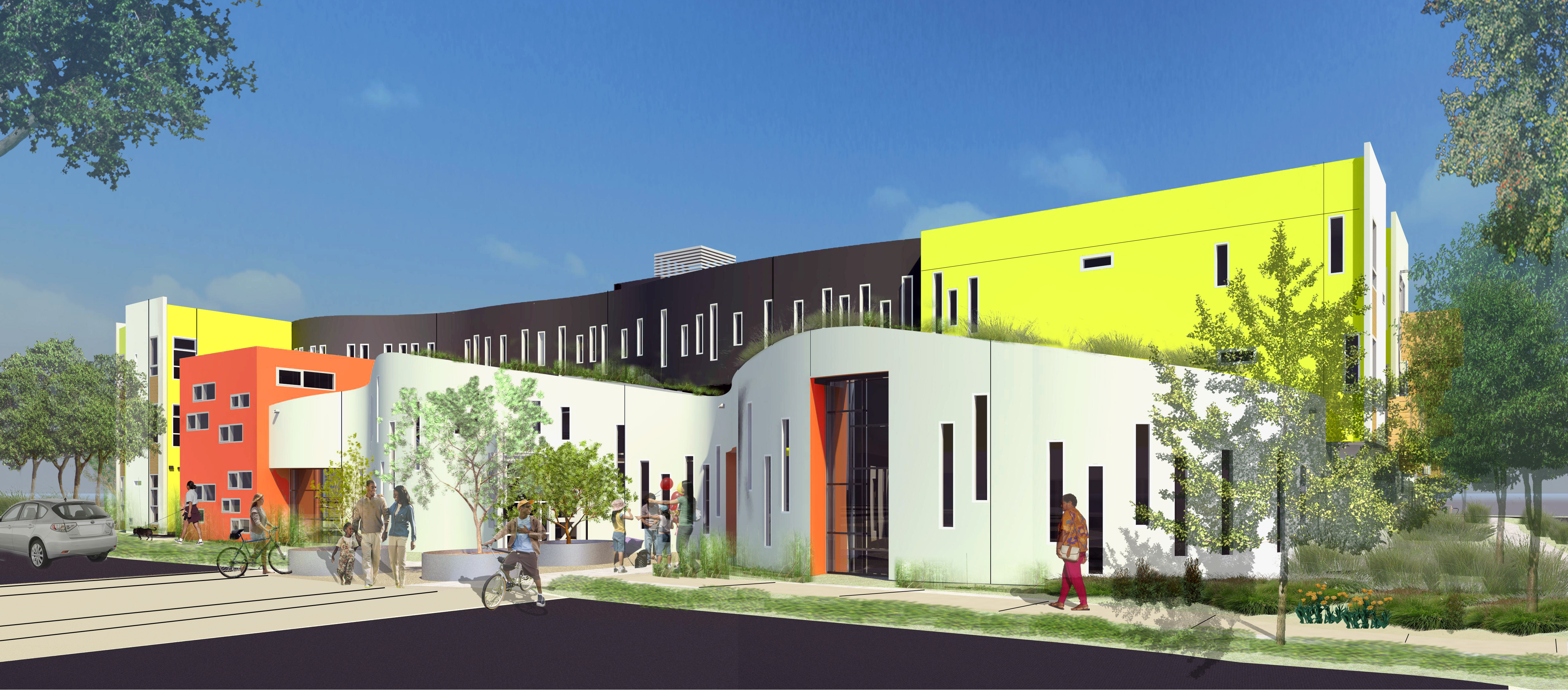 Rendering of community and apartments building for Tassafaronga Village in East Oakland, CA. 