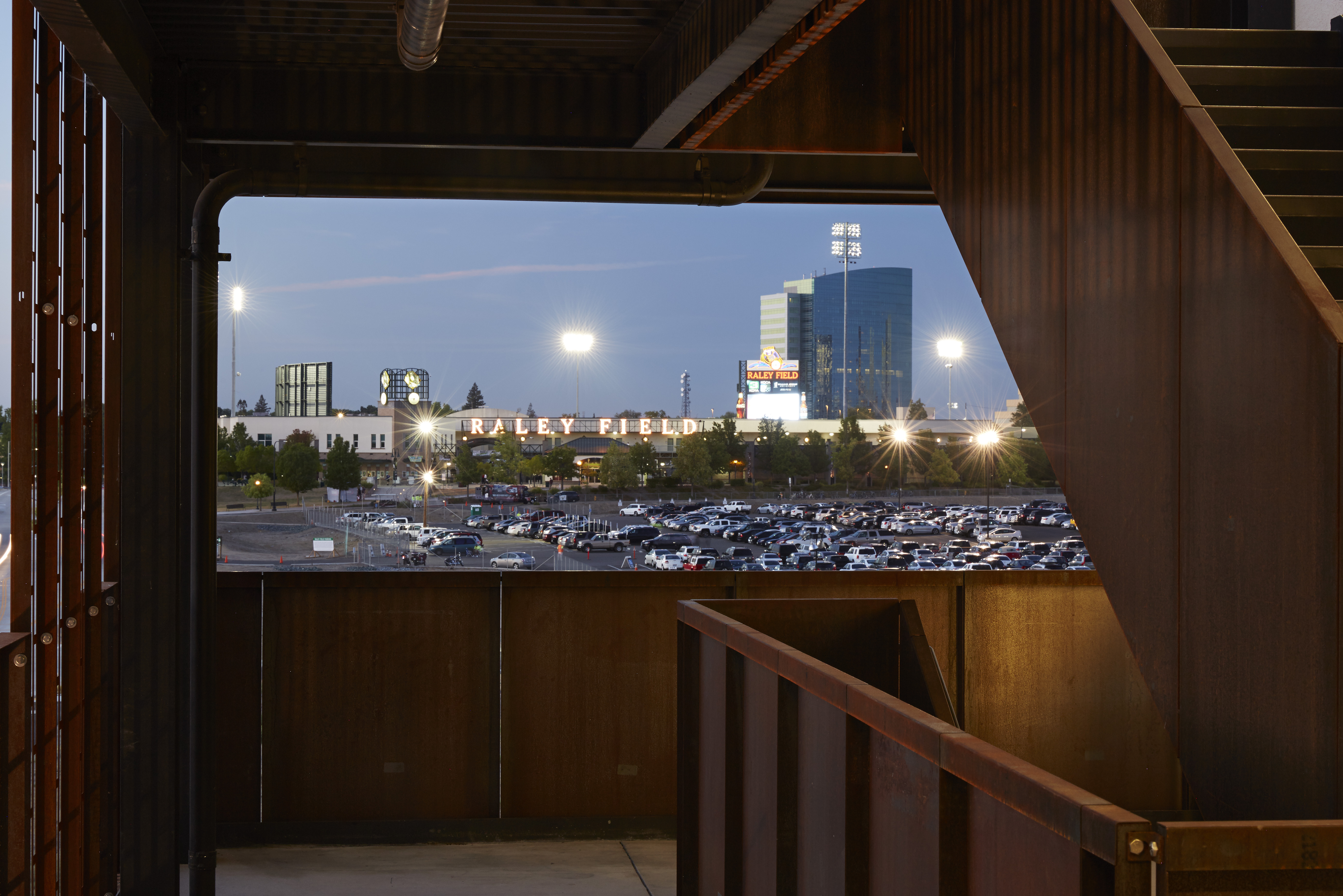 View of a stadium from the stairs at Rivermark in Sacramento, Ca.