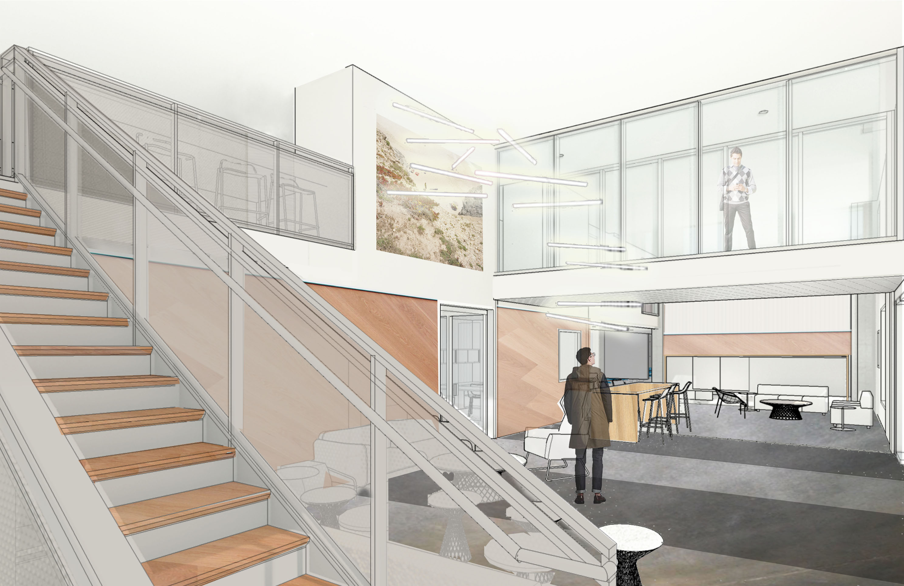 Interior rendering of the leasing office for Foundry Commons in San Jose, Ca. 