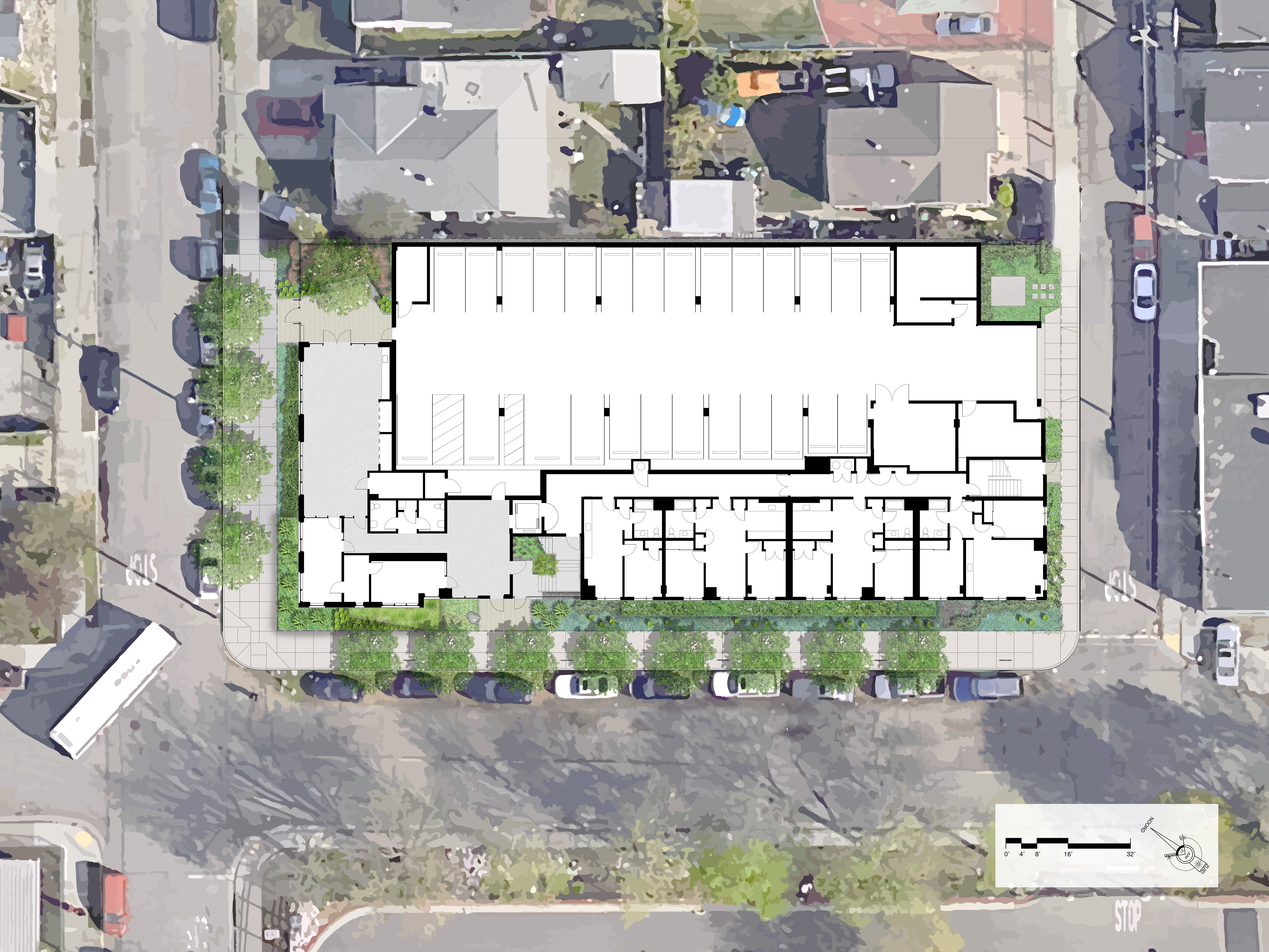 Ground level site plan for Coliseum Place, affordable housing in Oakland, Ca.