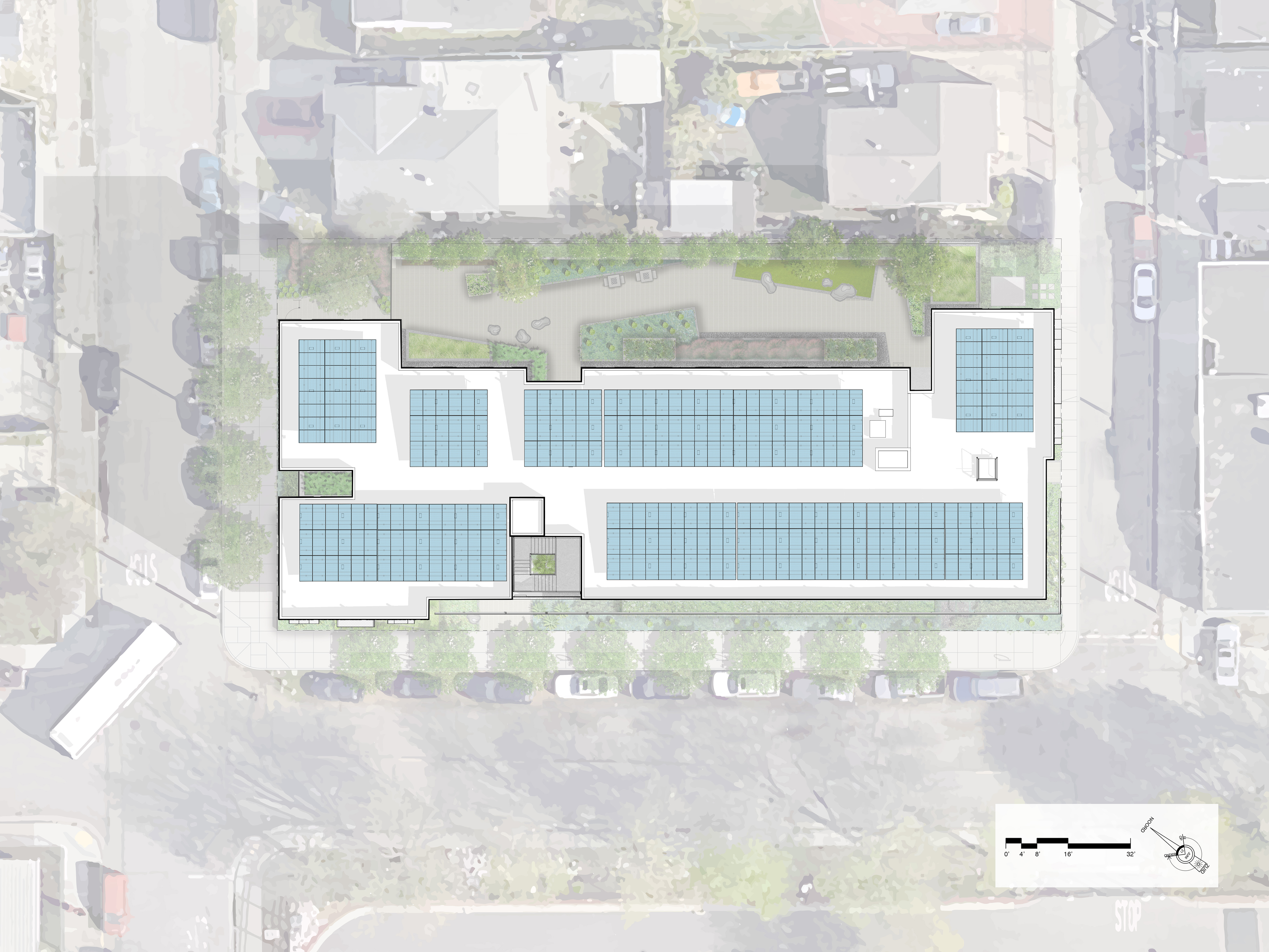 Roof level site plan for Coliseum Place, affordable housing in Oakland, Ca