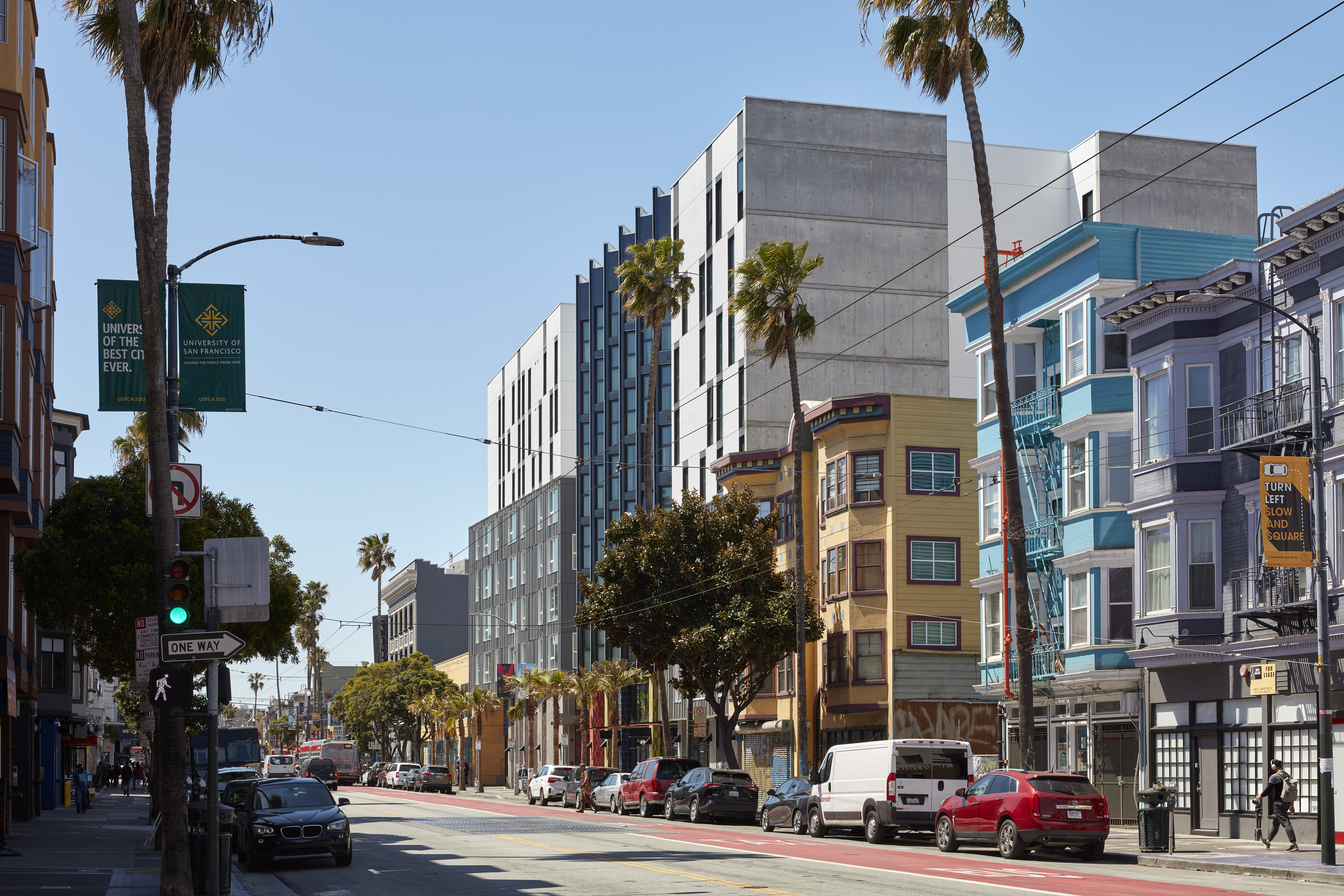 Street view of La Fénix at 1950, affordable housing in the mission district of San Francisco.