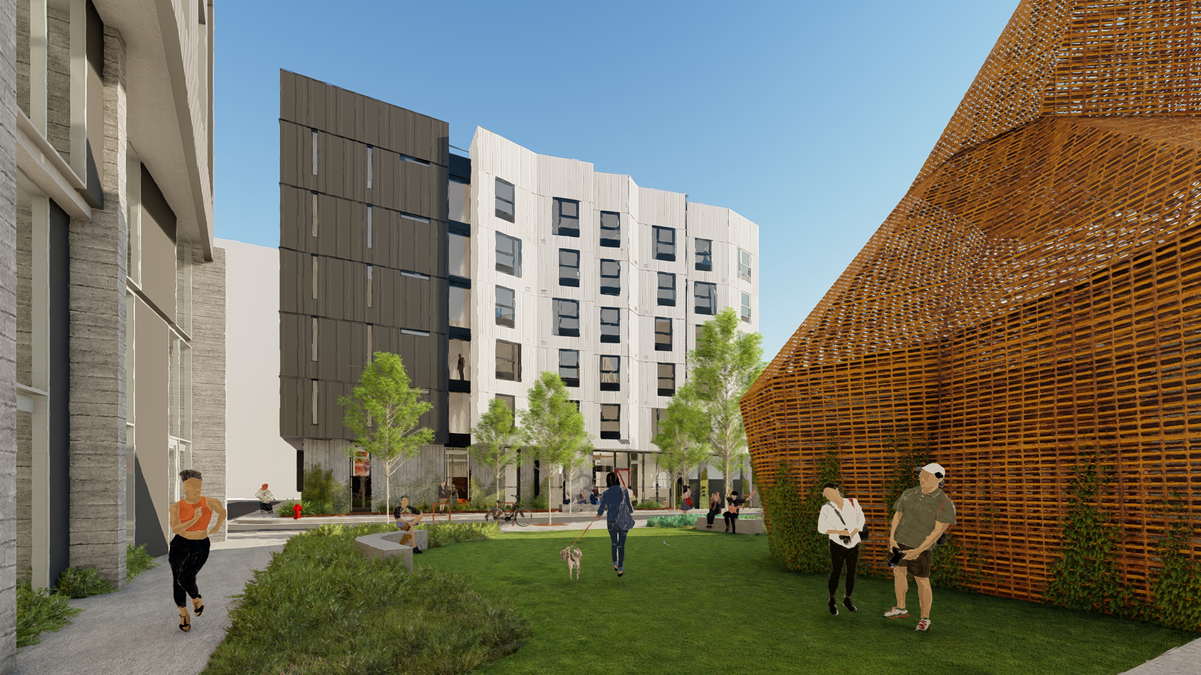 Rendered view from Mazzola Gardens of Jazzie Collins, affordable supportive housing in San Francisco.