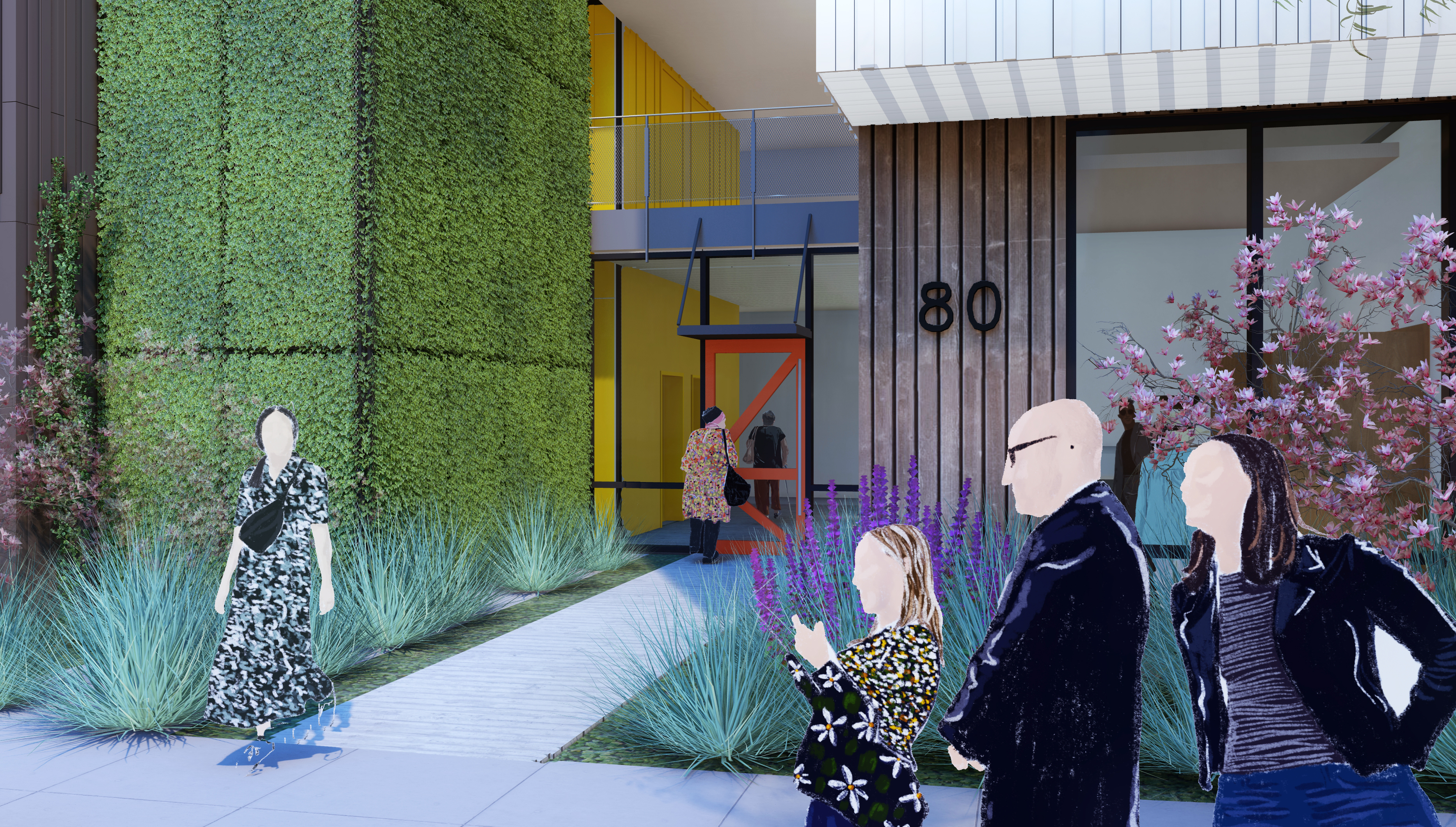 Rendering of the A1 building entrance for Midway Village Phase 1 in Daly City, Ca.