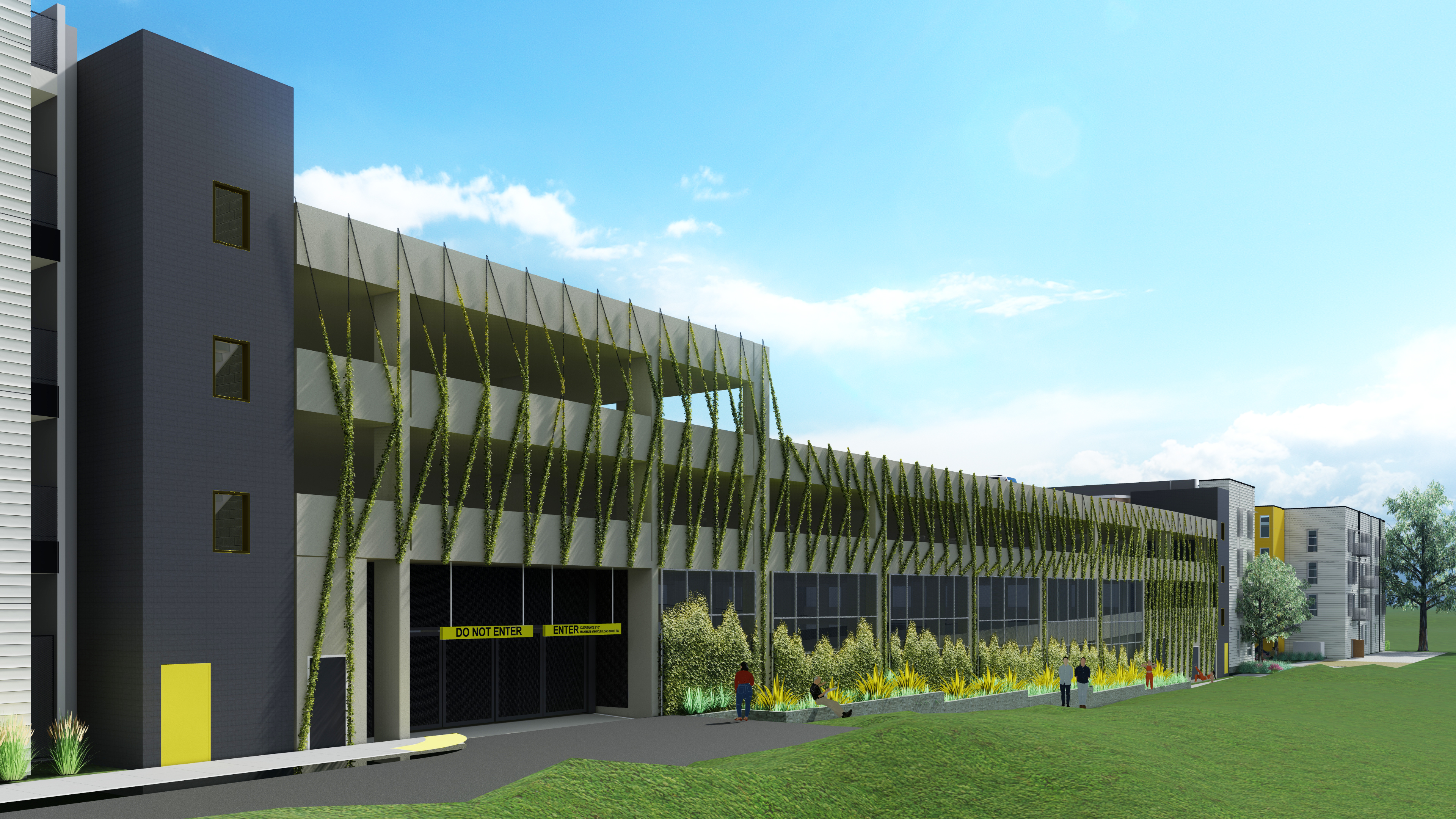 Rendering of parking garage for Midway Village Phase 1 in Daly City, Ca.