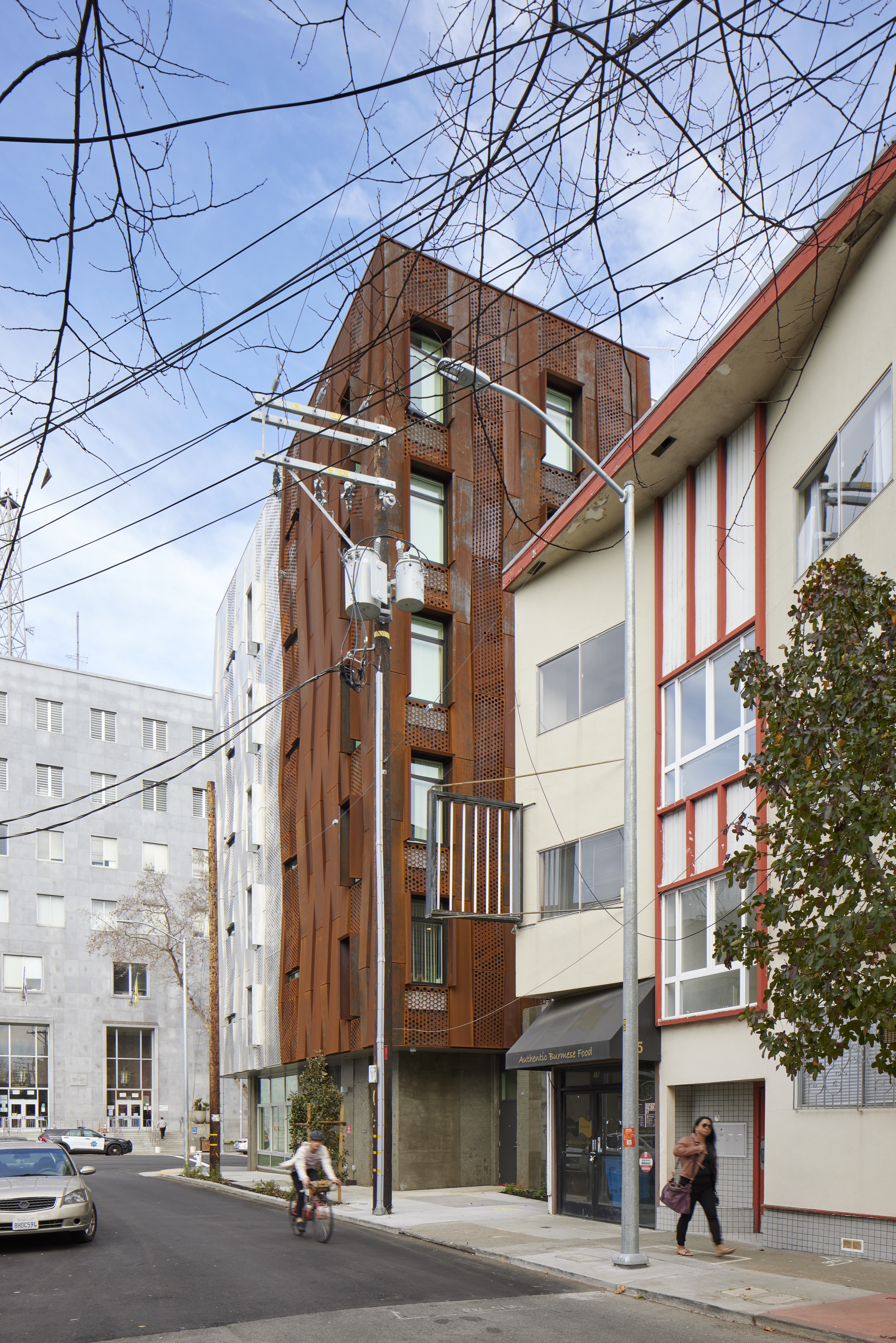 Exterior corner view of Tahanan Supportive Housing in San Francisco.