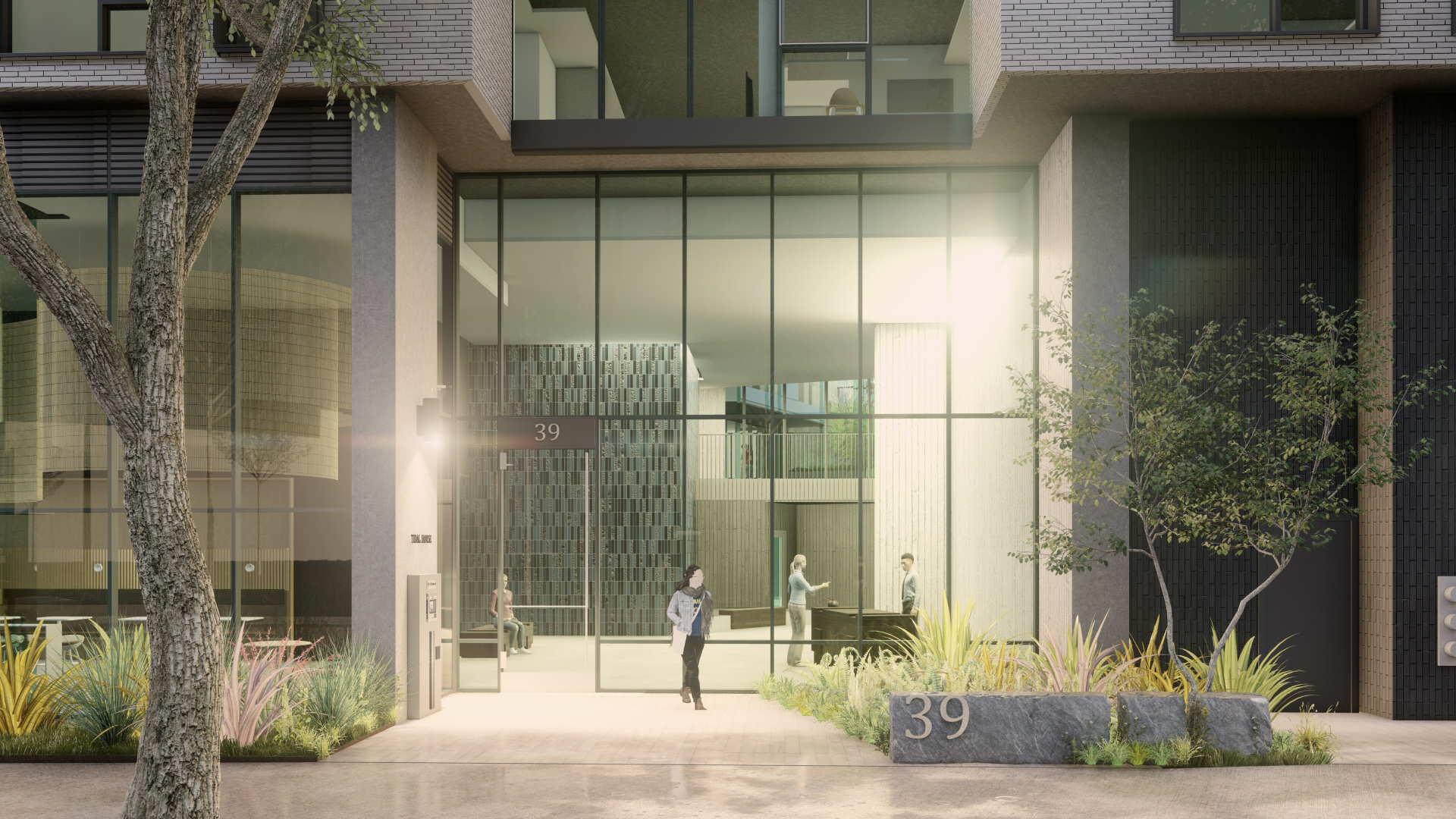 Rendering of the entrance to Tidal House in Treasure Island, San Francisco, Ca.