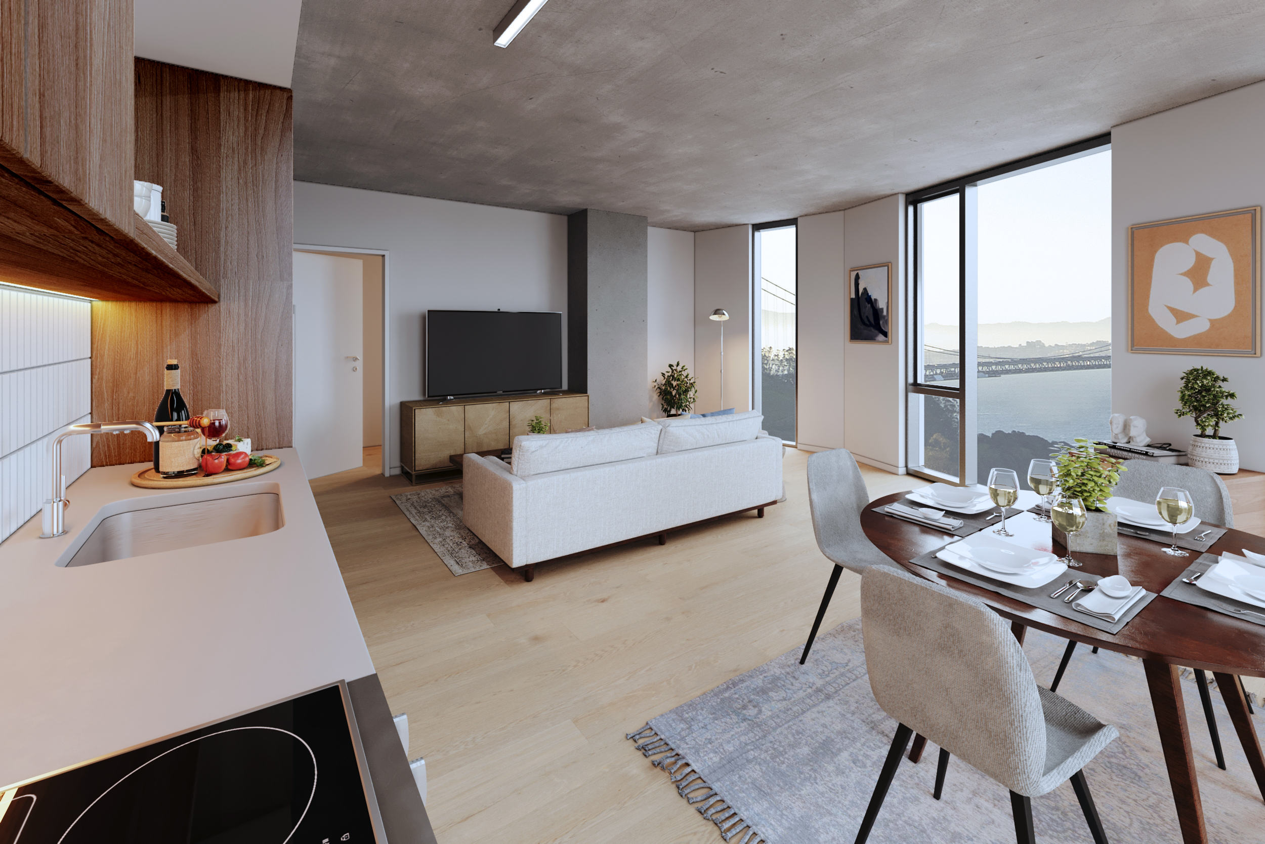 Rendering of a unit living room and kitchen with the view of the bay for Tidal House in Treasure Island, San Francisco, Ca.