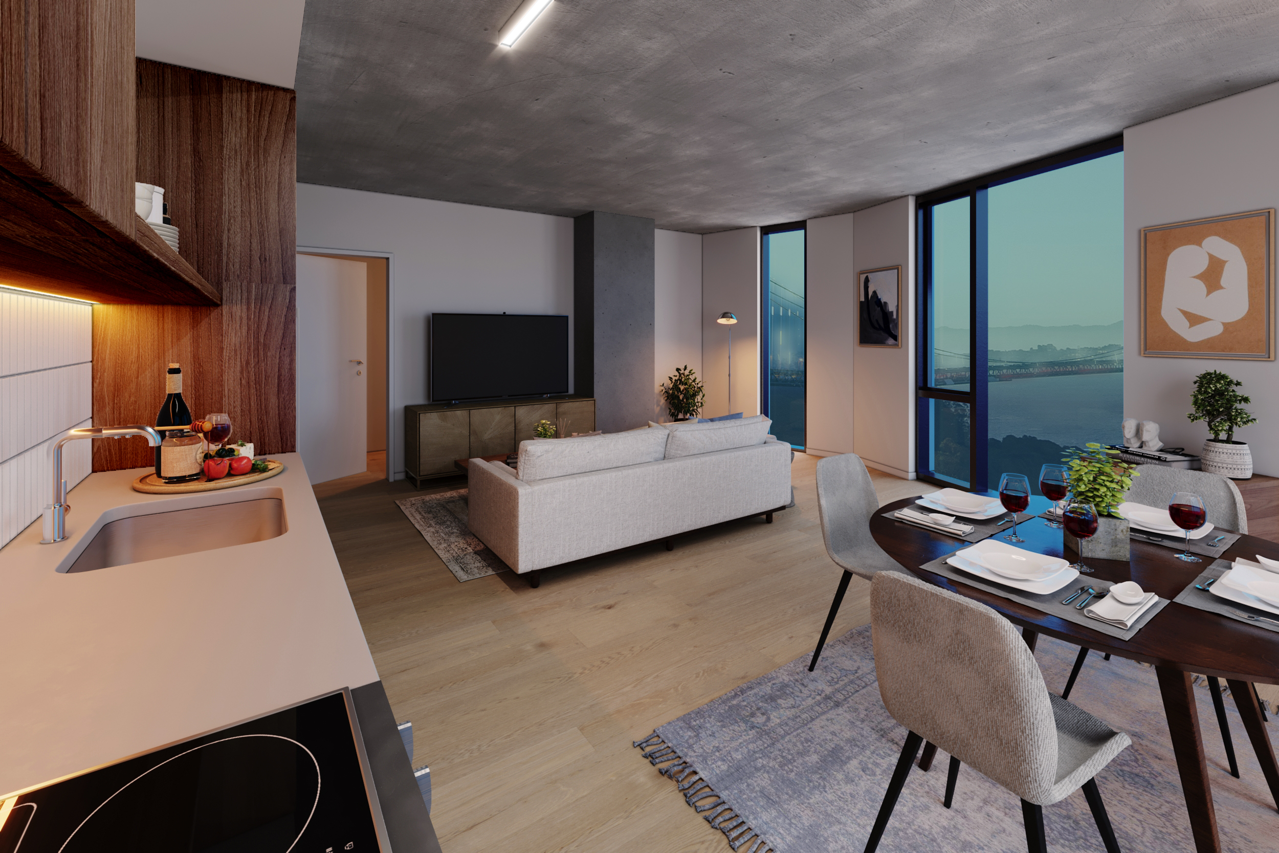 Rendering of a unit living room and kitchen with the view of the bay at night for Tidal House in Treasure Island, San Francisco, Ca.