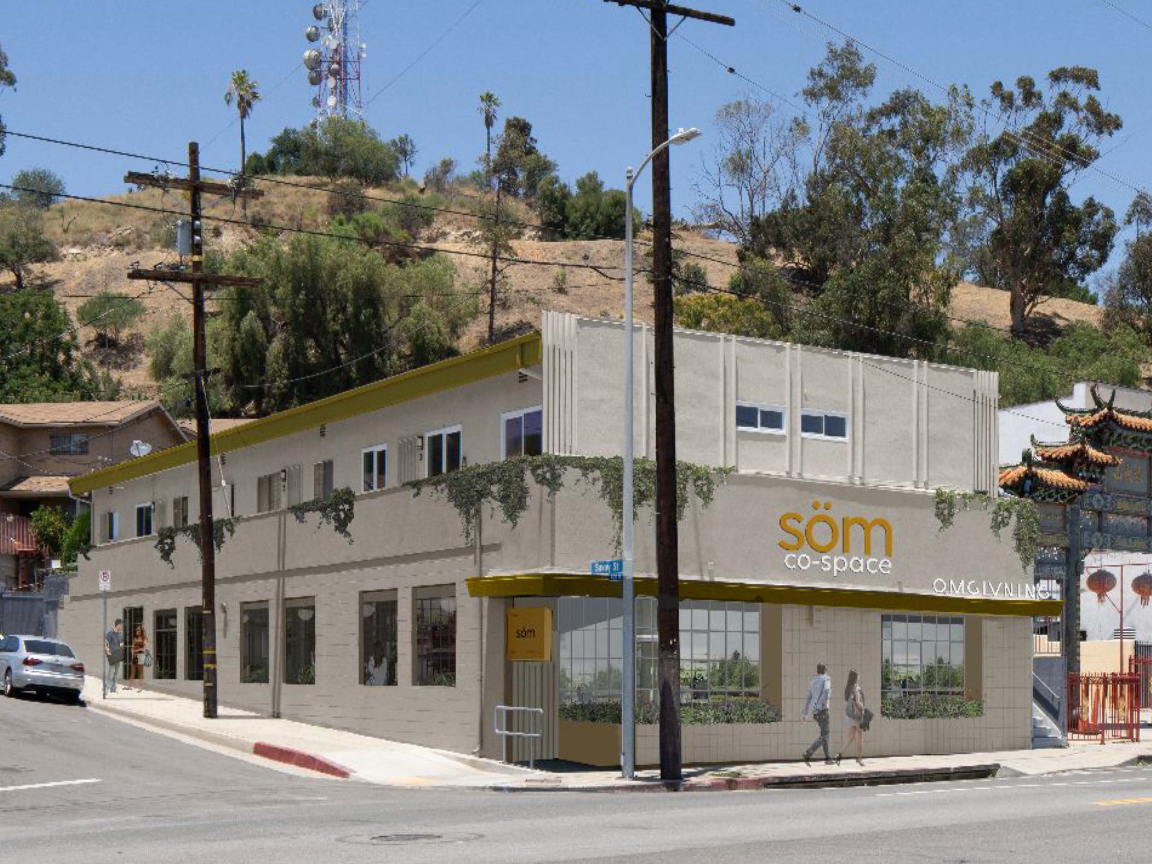 Rendering of renovated warehouse building with architecture offices. 