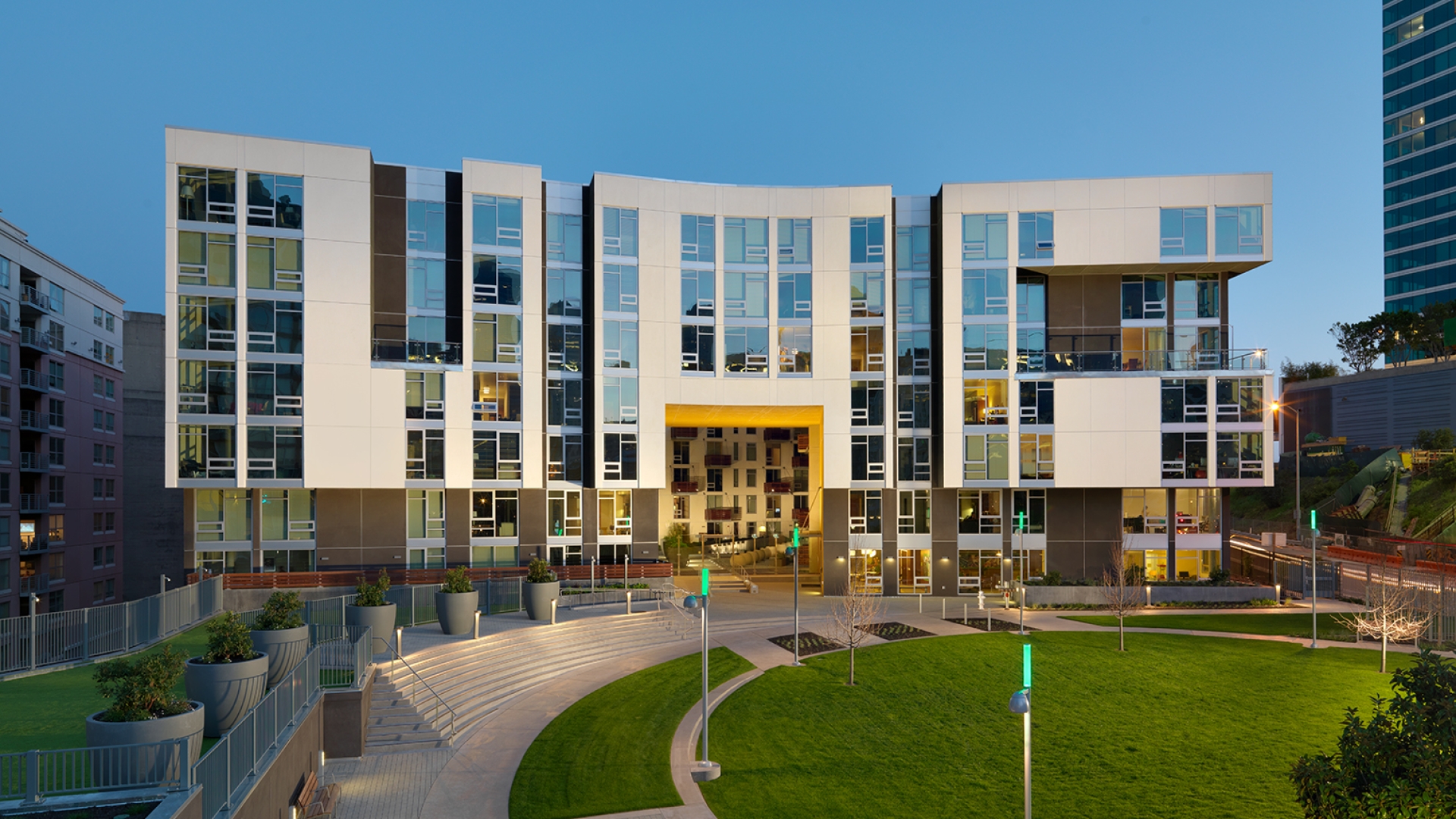 Exterior view of Rincon Green at dusk in San Francisco.