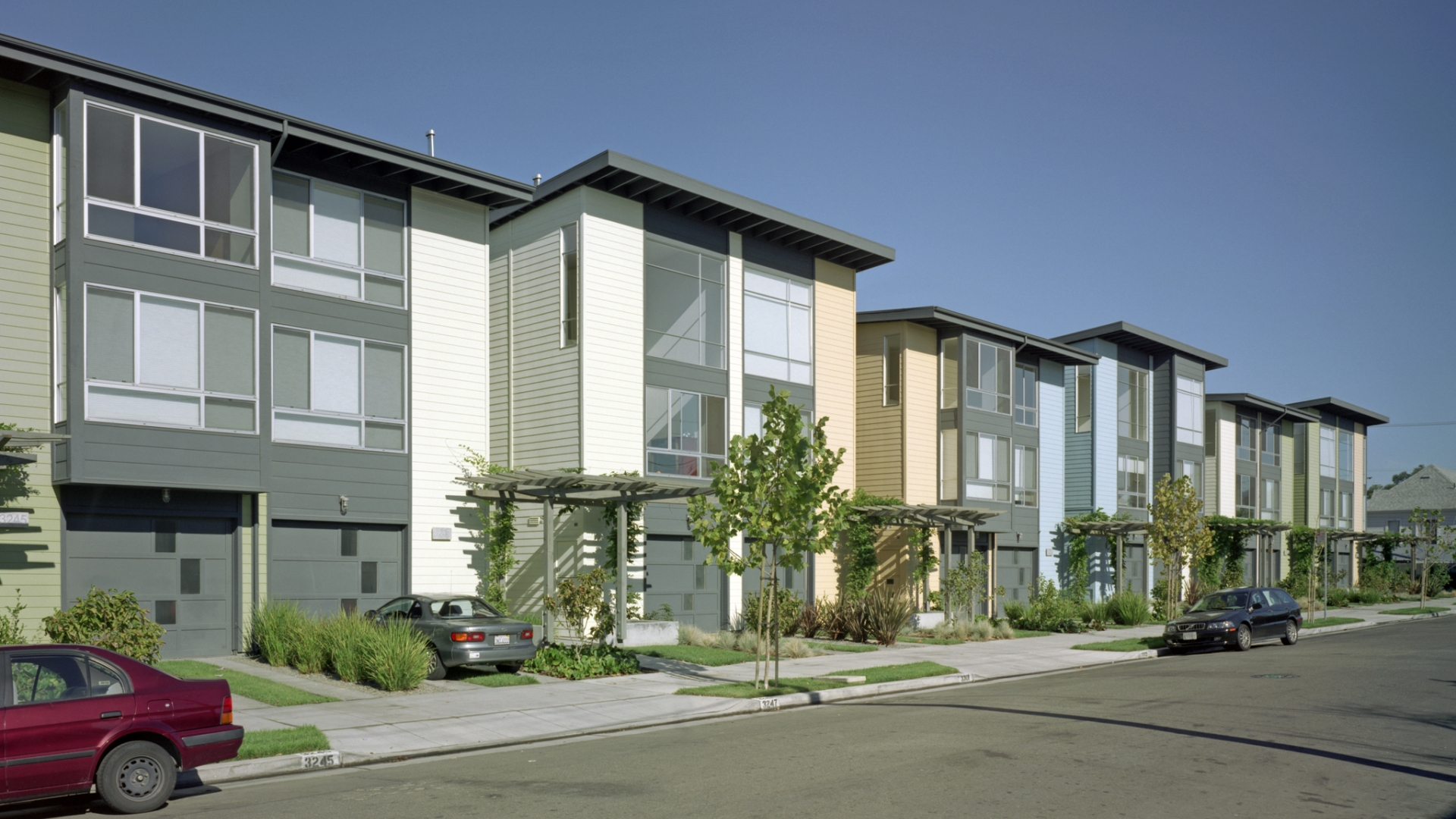 Exterior street view of Magnolia Row in West Oakland, California.