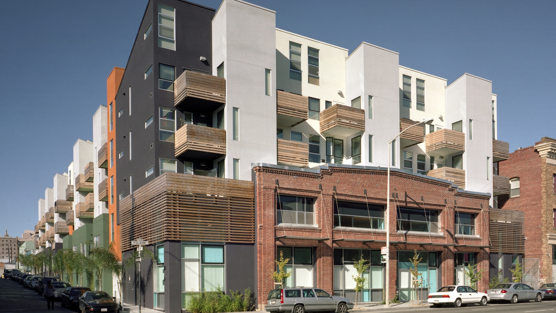 Exterior corner elevation of Folsom-Dore Supportive Apartments in San Francisco, California.