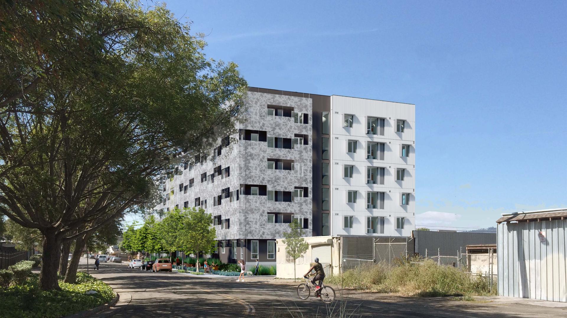 Rendered street view of Coliseum Place, affordable housing in Oakland, Ca