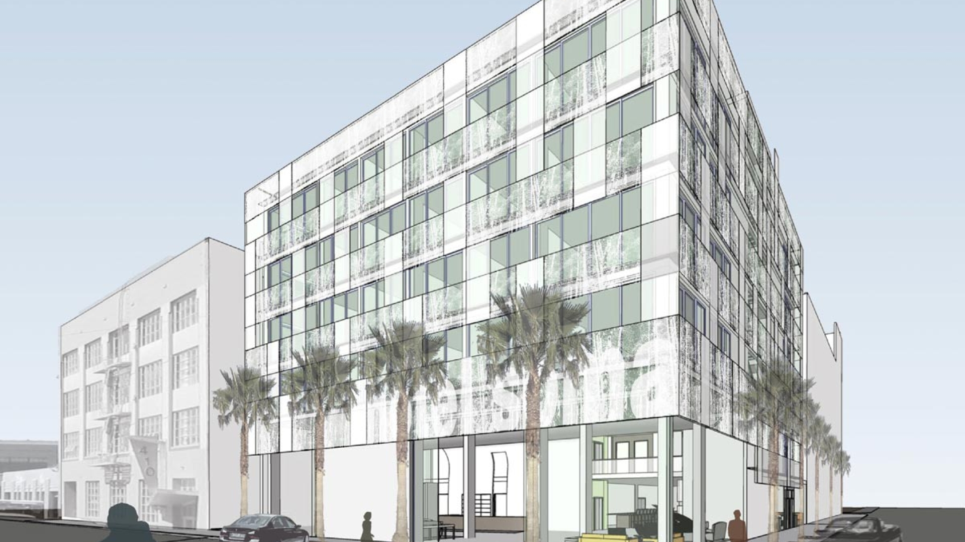 Exterior rendering of the corner of Hotel SOMA.