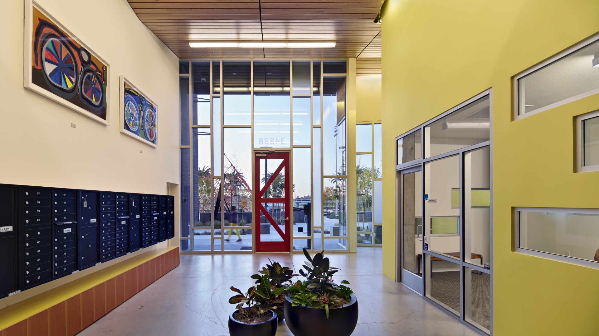 Entrance lobby inside Station Center Family Housing in Union City, Ca.