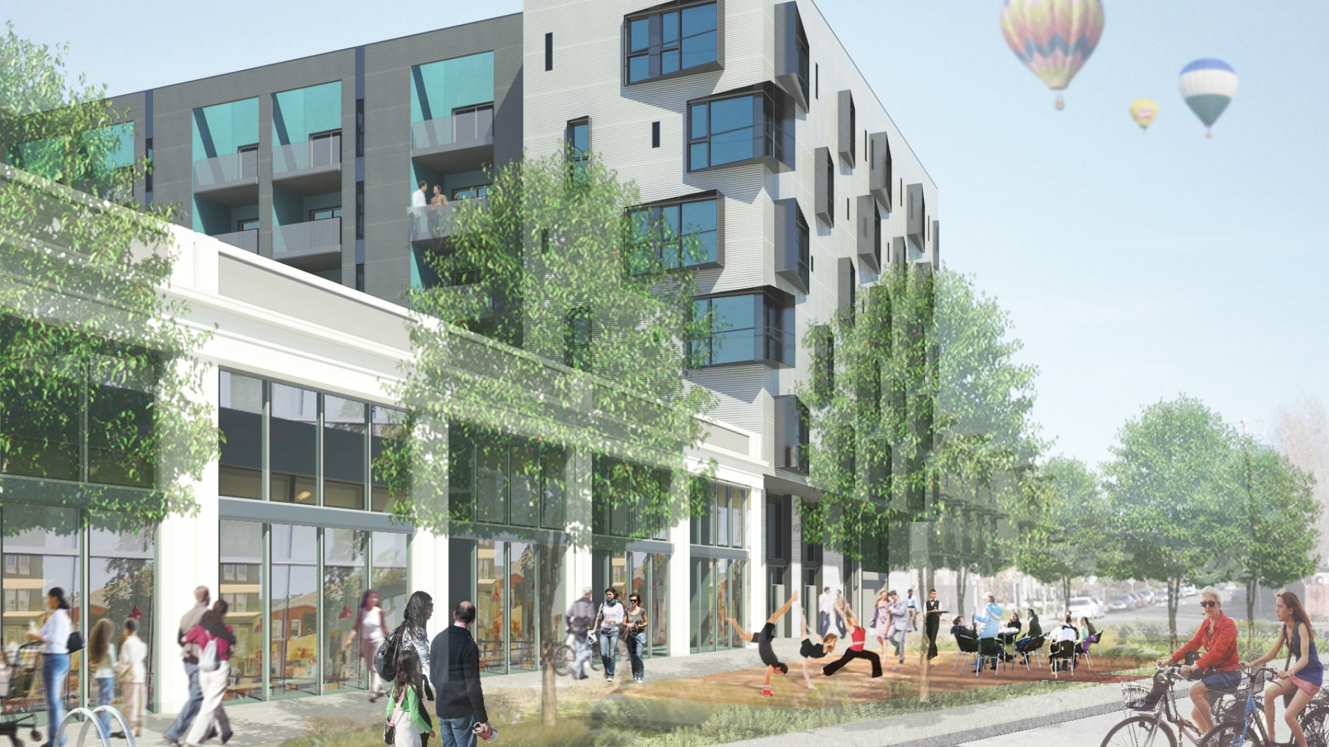 Exterior rendering of the retail spaces for the Intersection in Emeryville, California.