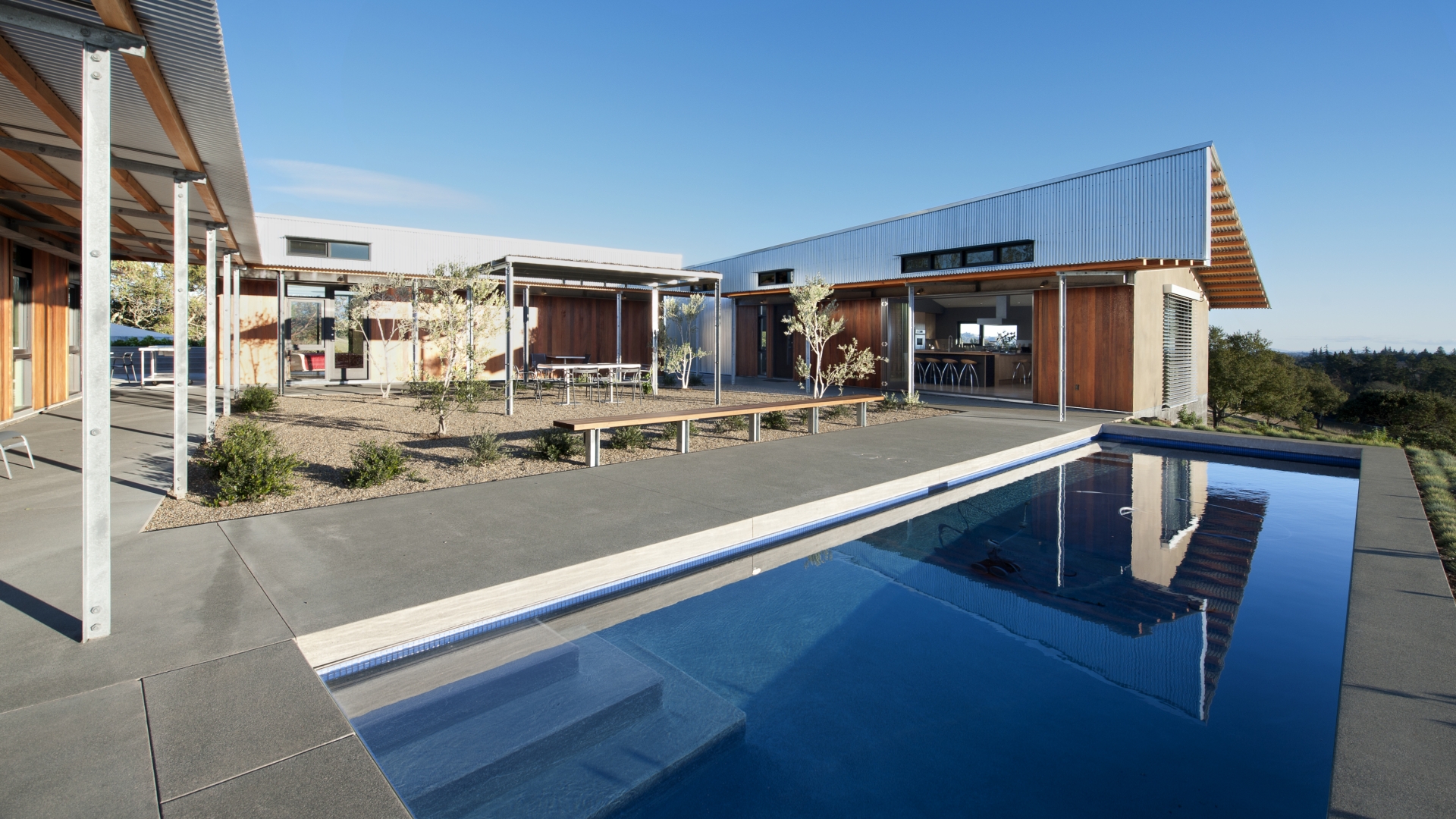 Backayard at Healdsburg Rural House with pool deck, and courtyard in Healdsburg, California.