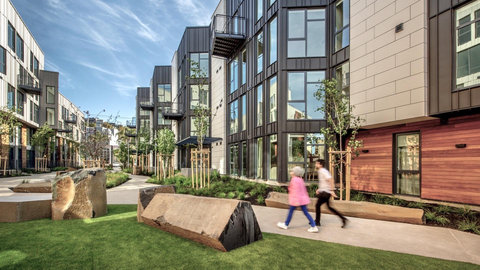 View of the mews and pedestrian greenway at Mason on Mariposa in San Francisco.