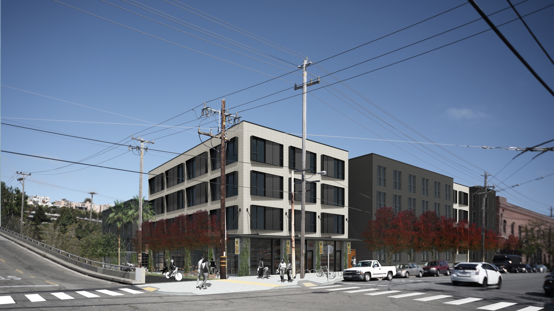 Exterior rendering of the corner of 789 Minnesota in San Francisco.