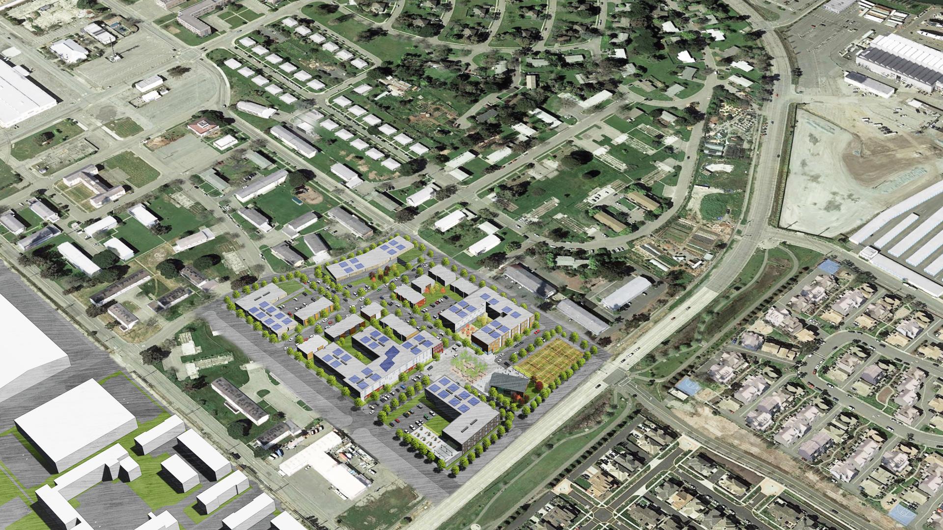 Rendered aerial view of RESHAP Alameda Point in Alameda, Ca.