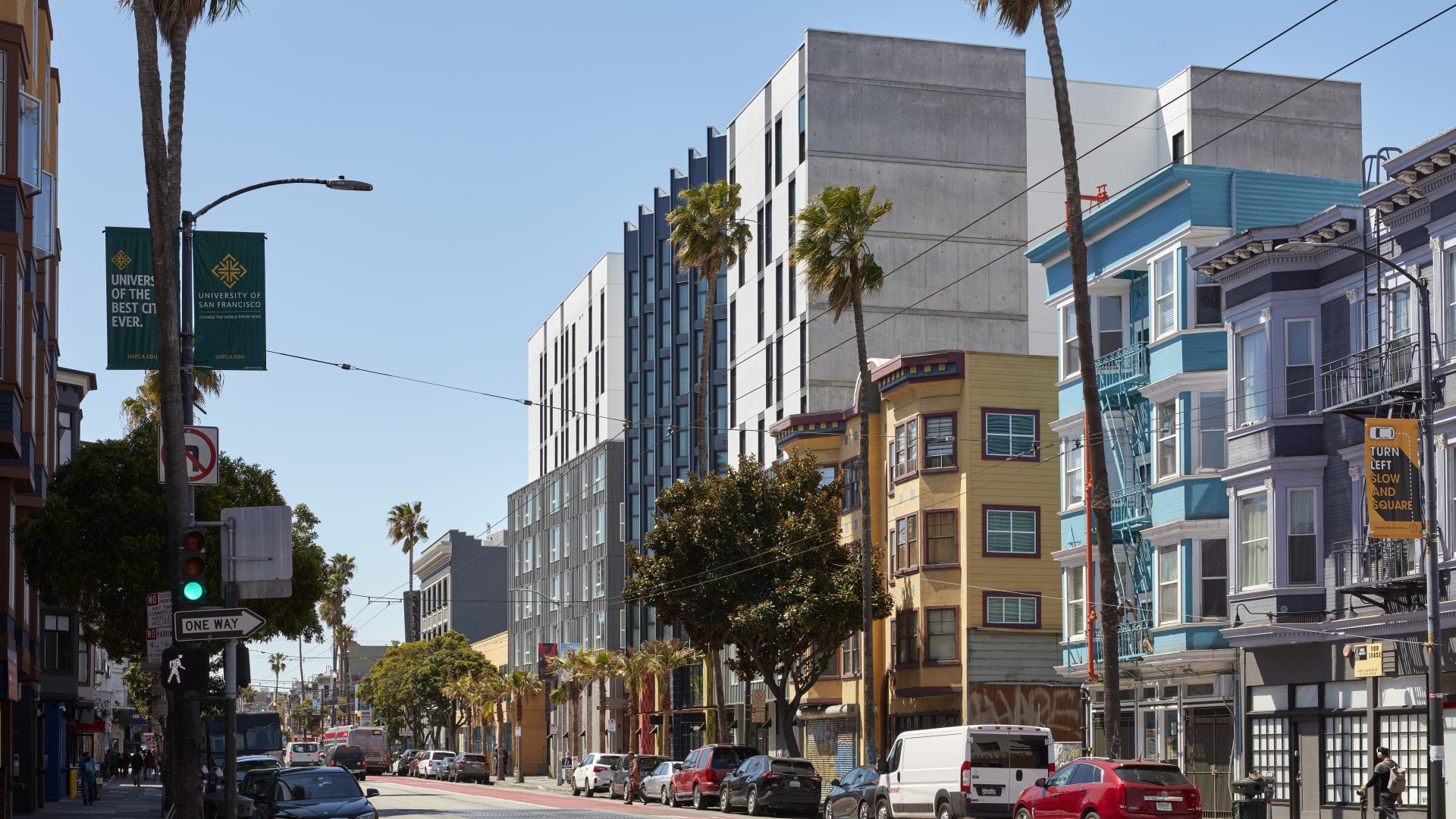 Street view of La Fénix at 1950, affordable housing in the mission district of San Francisco.