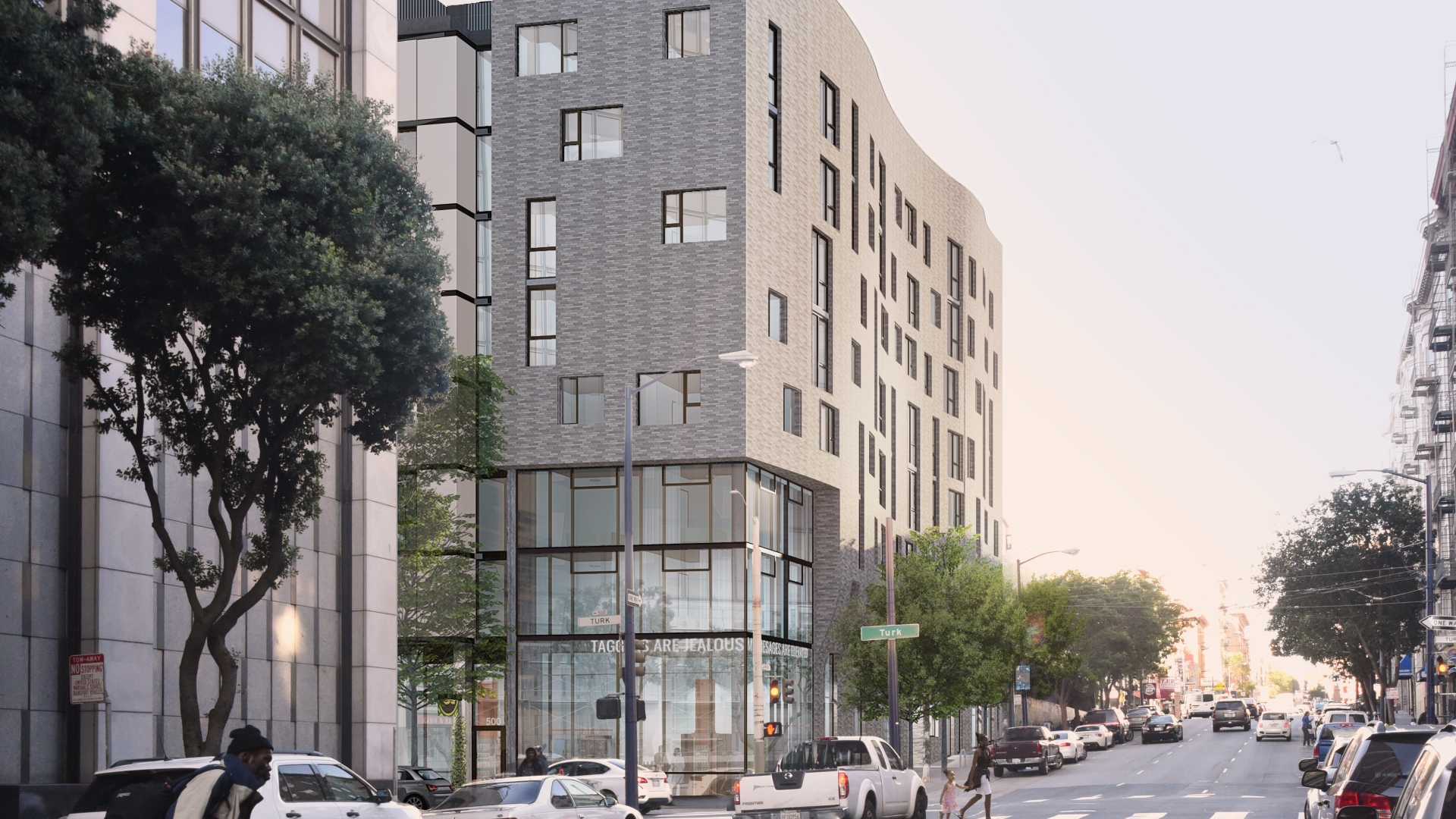 Exterior Rendering of 555 Larkin in San Francisco, an 8-story building with a wavy facade clad in variegated tan colored tile.