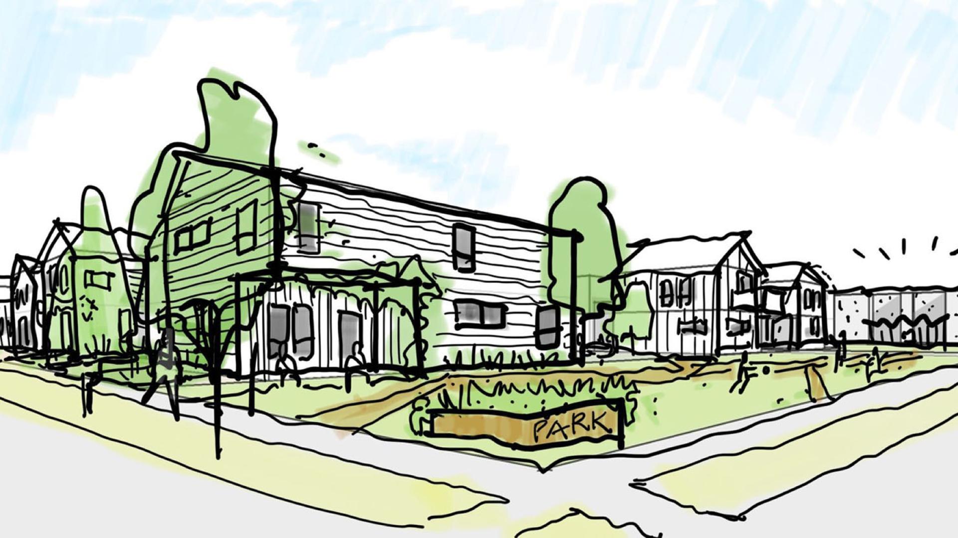 Sketch of neighborhood park for Ensley Mixed-Use Neighborhood in Birmingham, Alabama.