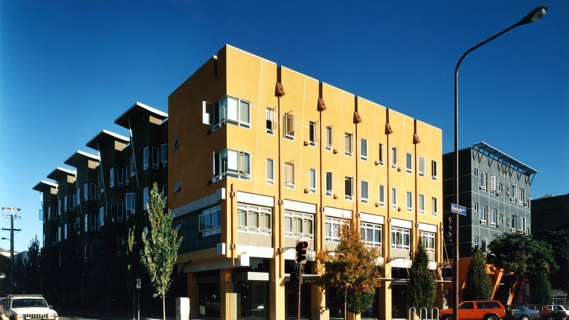 Exterior corner view of Manville Hall in Berkeley, California.