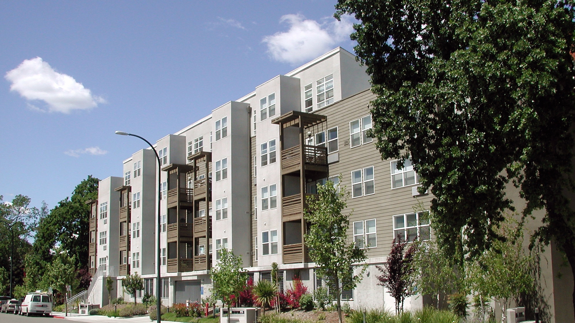 Exterior view of the elevation at Las Juntas Way at Coggins Square in Walnut Creek, California.