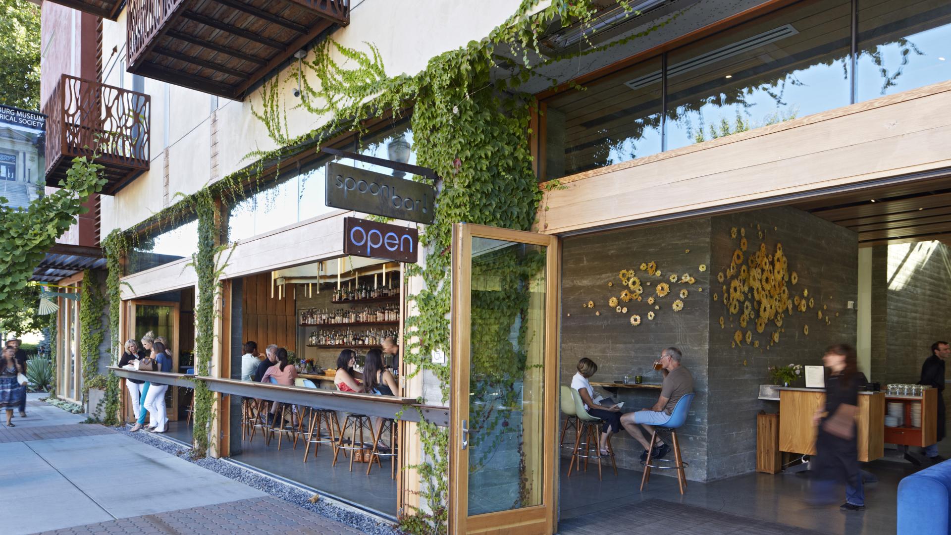 Spoonbar opens up to the street at h2hotel in Healdsburg, Ca.