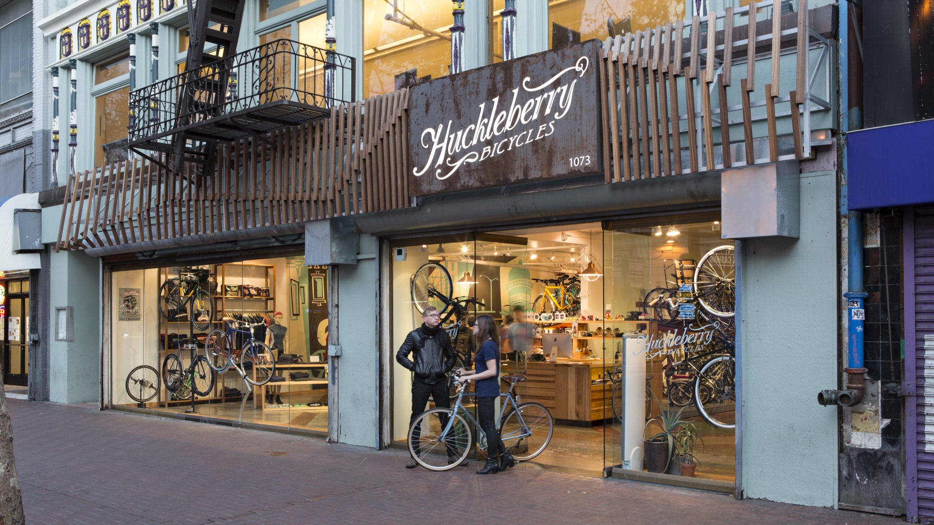 Exterior view of the entrance to Huckleberry Bicycles in San Francisco.
