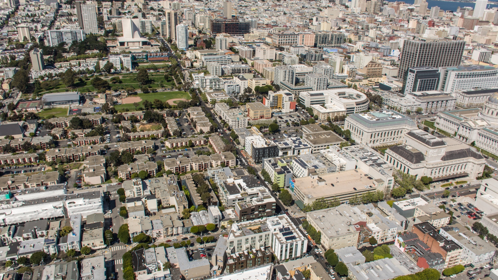 Aerial view of 300 Ivy and 388 Fulton in San Francisco, CA.