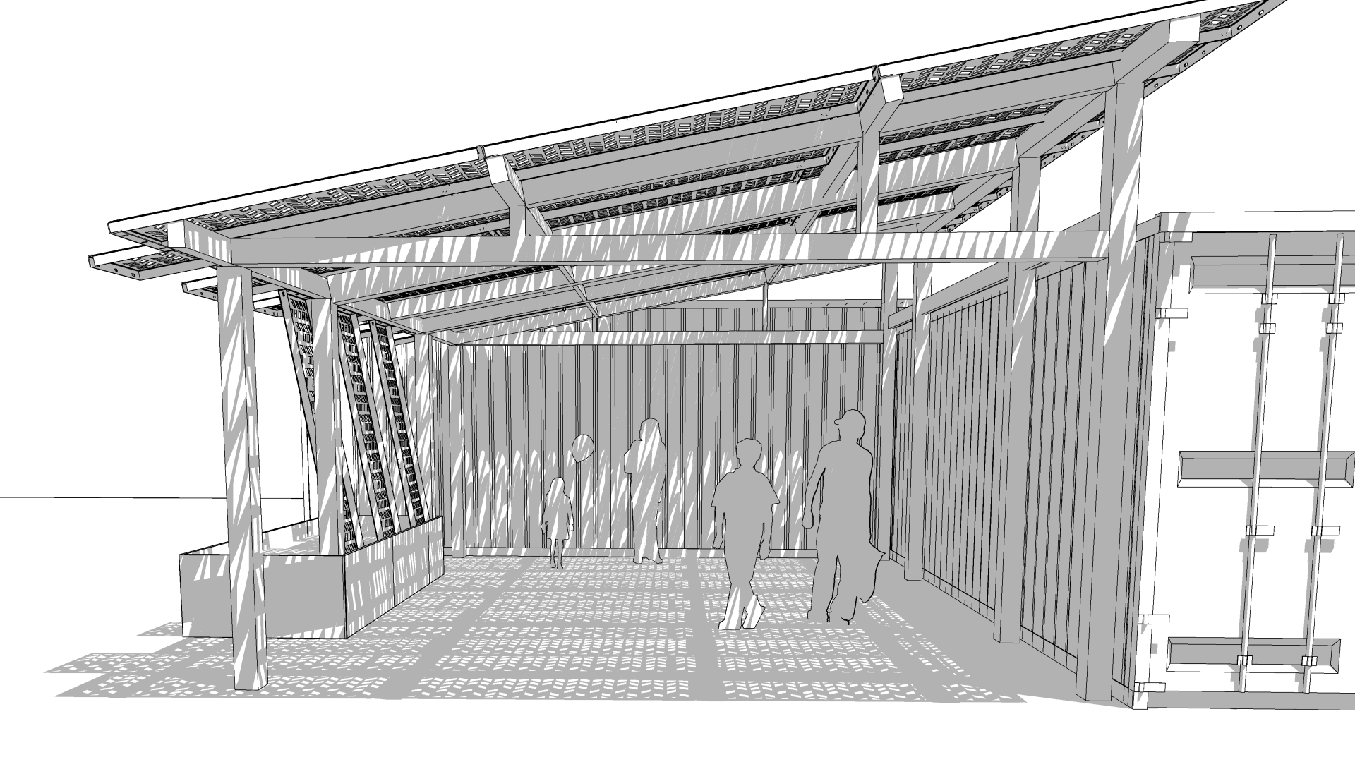 Rendering of the open entrance to Farm2Market Shade Trellis in Alameda, California.