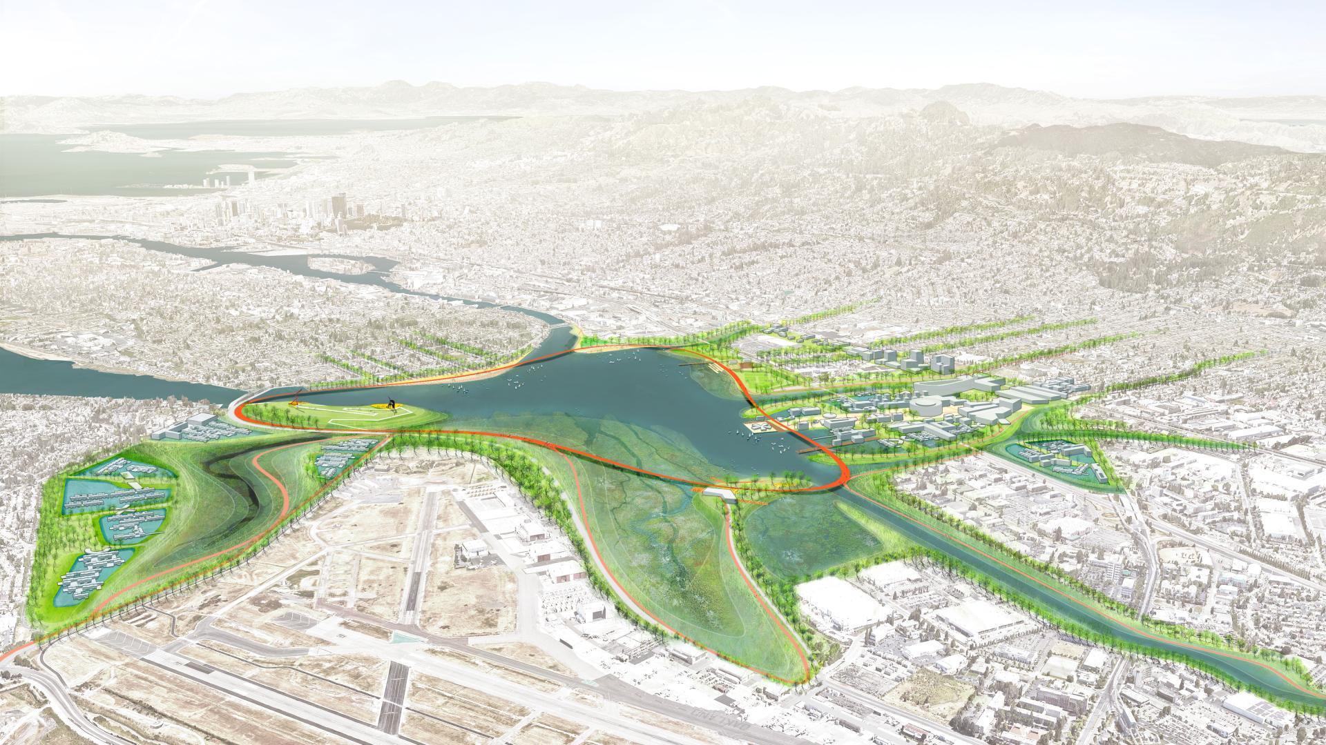 Aerial rendering by the All Bay Collective of Estuary Commons in San Leandro, Ca.