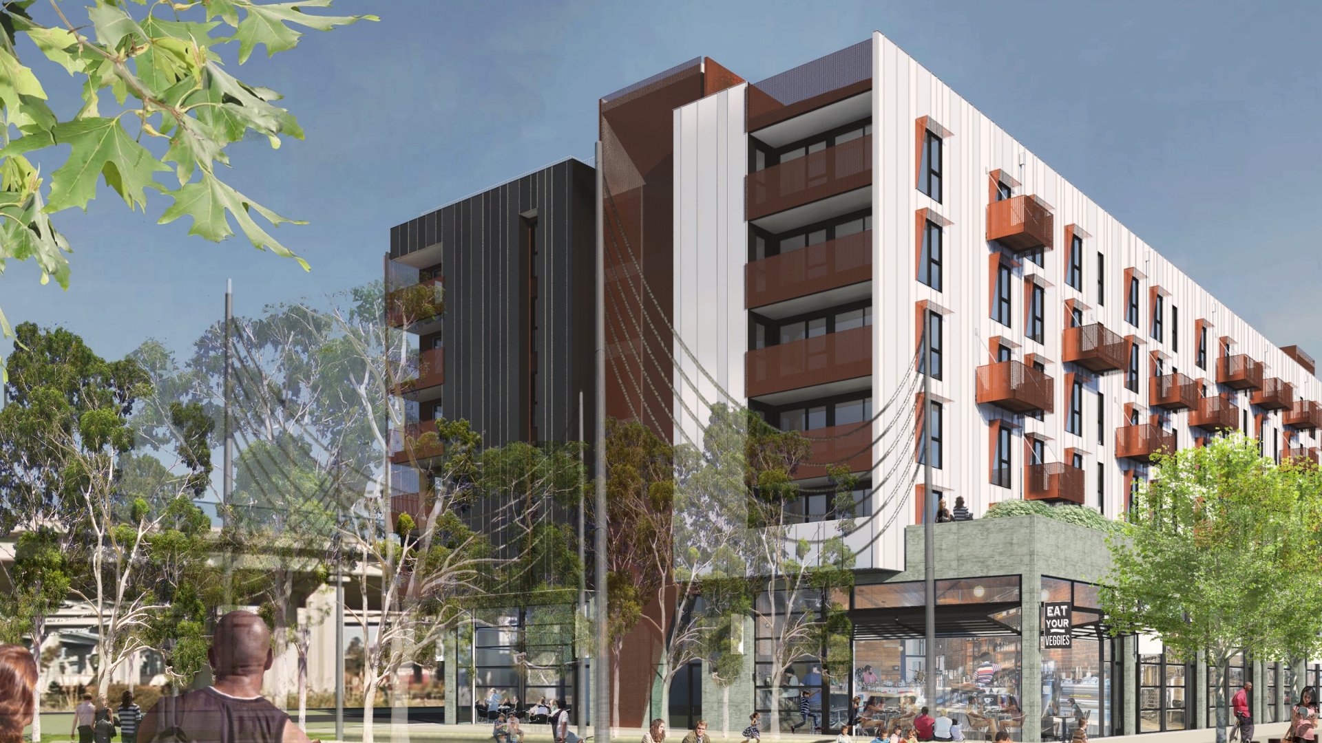 Exterior rendering of 2121 Wood Street in Oakland, California.