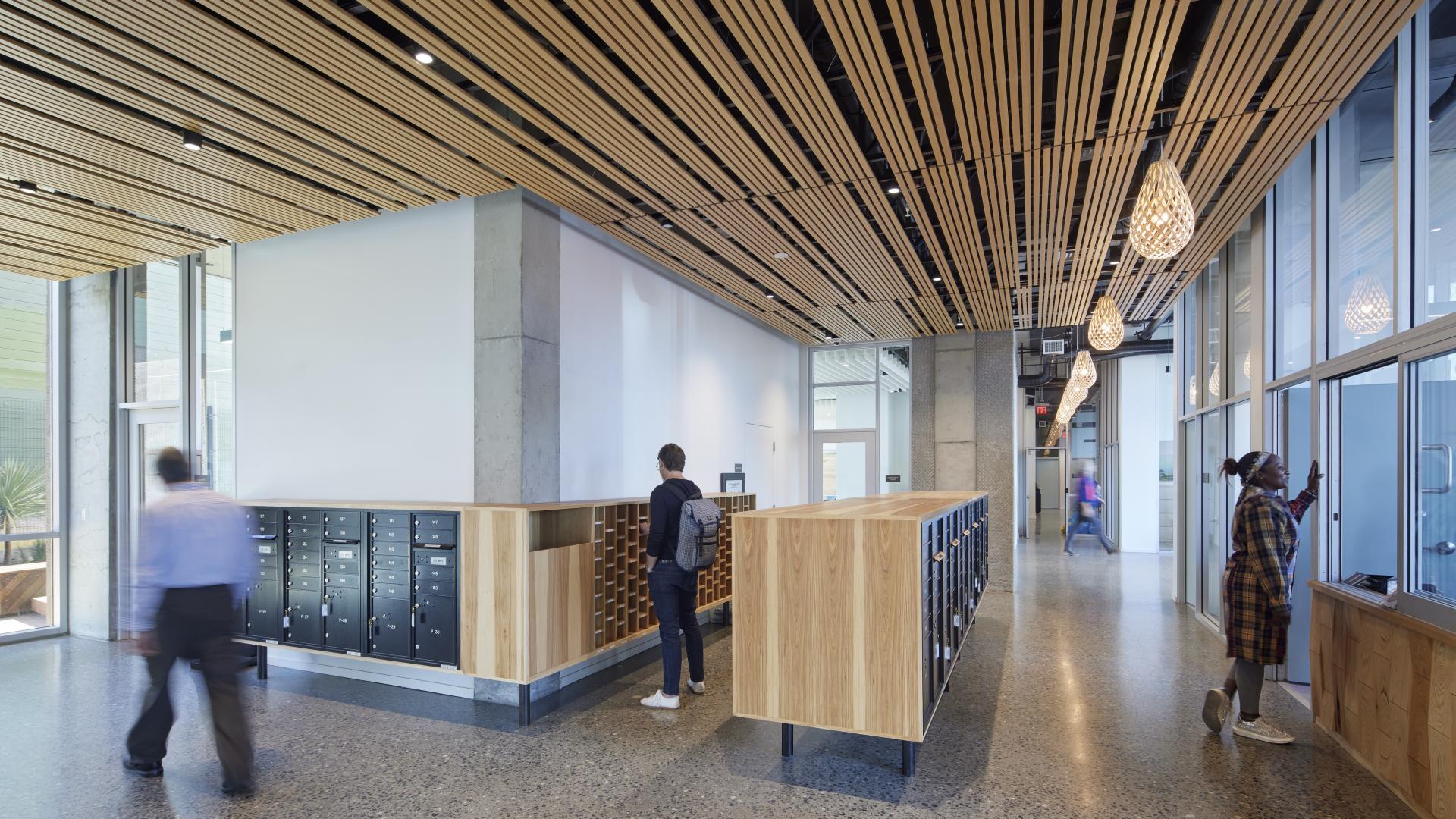 Residential mailboxes in the lobby of Tahanan Supportive Housing in San Francisco.