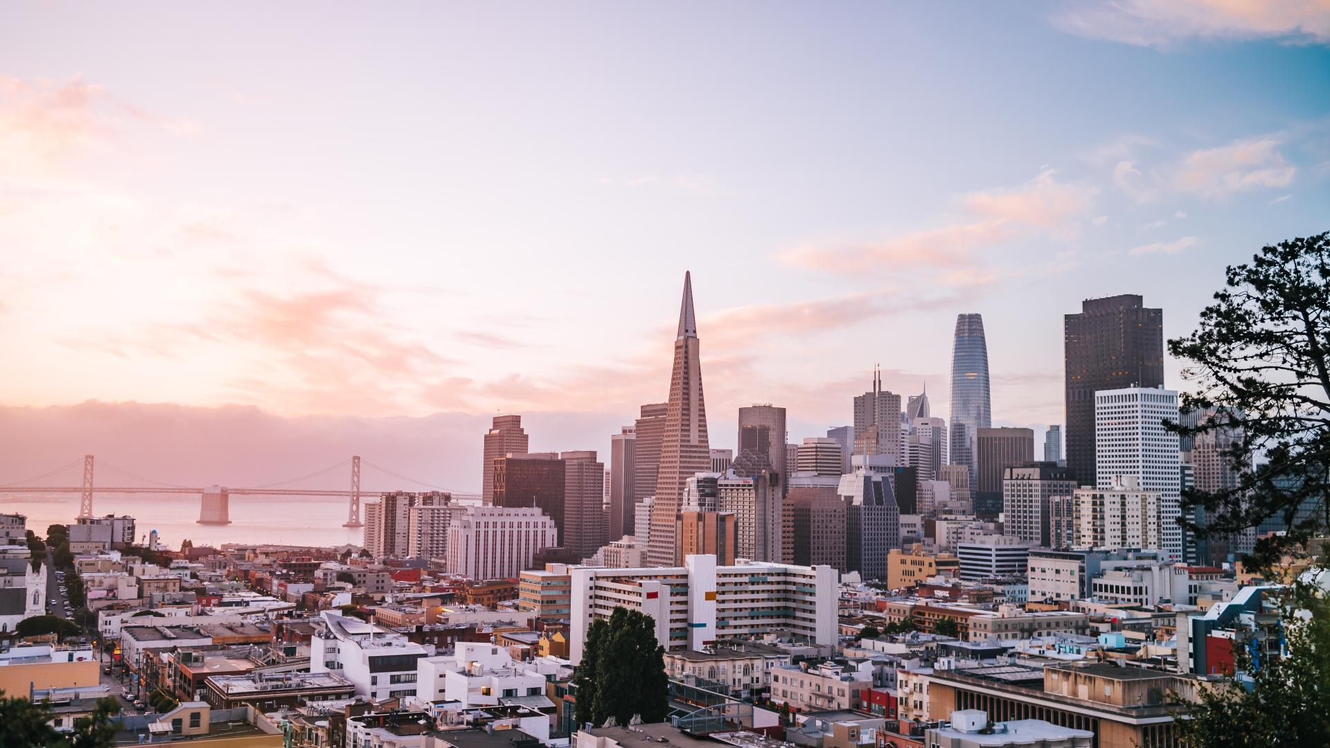Aerial view of San Francisco skyline, centered on Transamerica Pyramid. 
