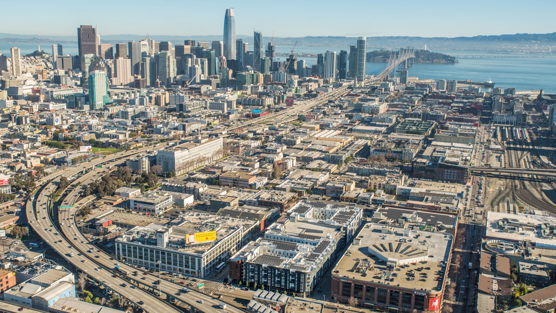 Aerial view of 855 Brannan with the San Francisco Bay in the background.