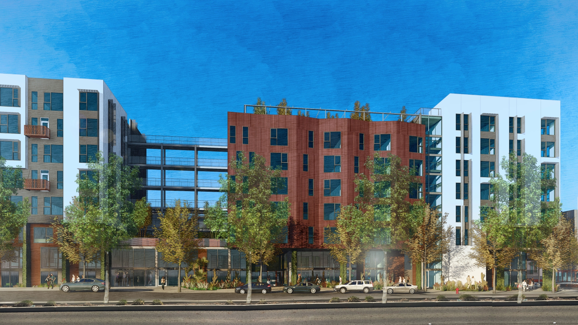 Exterior rendering of 11th Street elevation and entry for Windflower II in Union City, California.