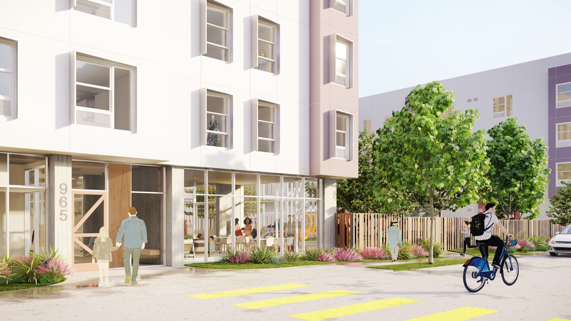 Exterior rendering of the entry to Colibrí Commons in East Palo Alto, California.