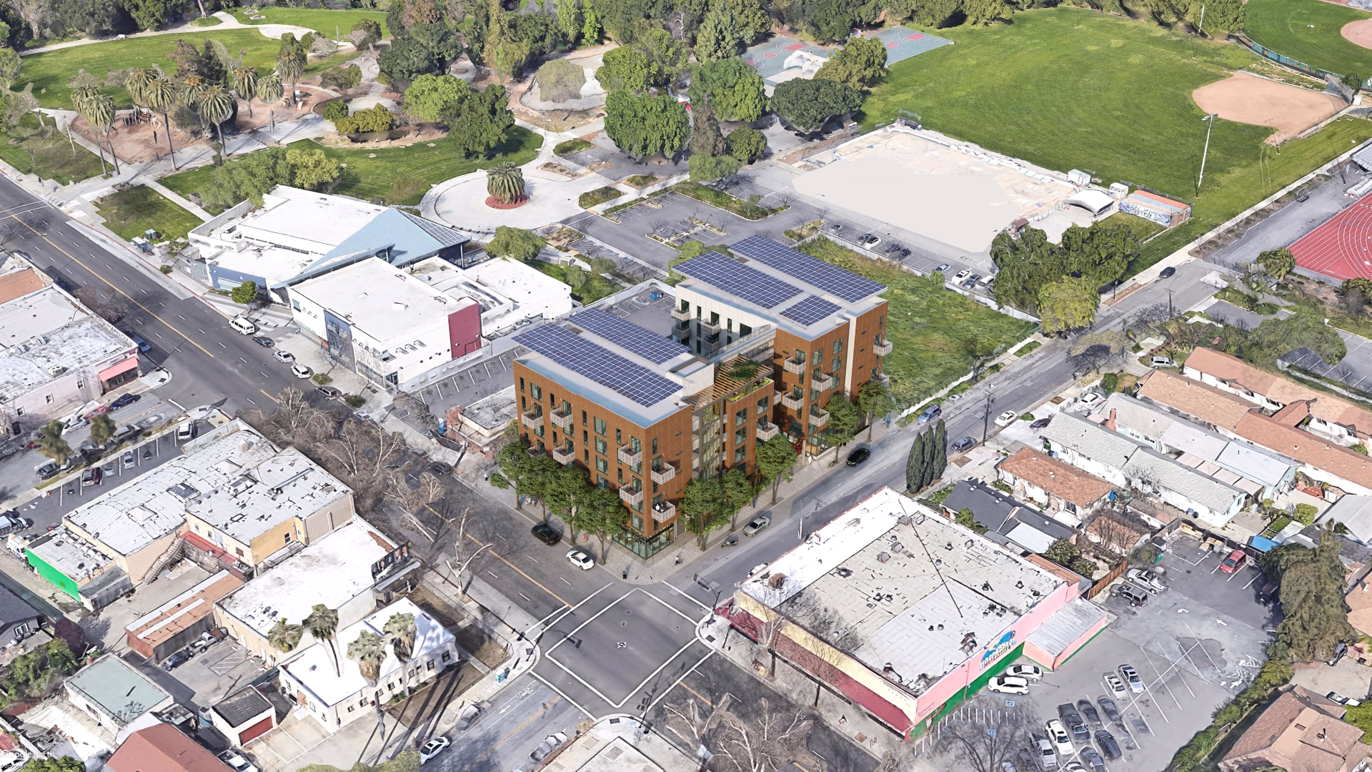 Aerial rendering of The Villages at 995 East Santa Clara in East Santa Clara, Ca.